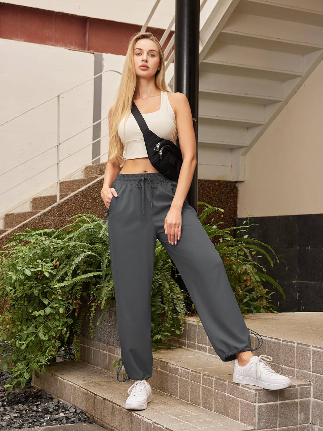 Womens Athletic Hiking Pants Lightweight Quick Dry Water Resistant Elastic Waist Cargo Pants with Zipper Pockets - Image 3