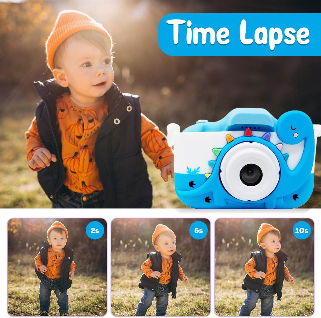 Wembley Kids Camera for Boys & Girls 3–8 Years | Digital Camera for Kids 1080P Selfie Video | Toddler Camera Rechargeable with Games | 32GB Card | Silicone Cover | Dinosaur Birthday Gift - Blue