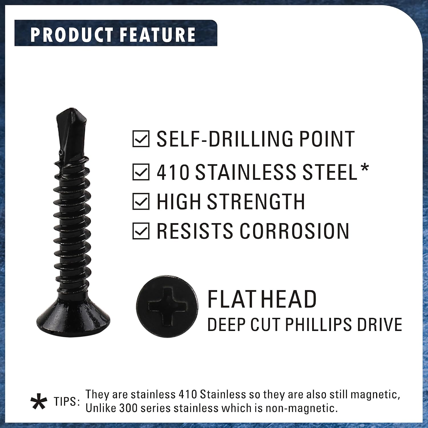 410 Stainless Steel #8 Self Drilling TEK Screw Assortment Kit, Flat Head Self Tapping Sheet Metal Screws, Length 1/2" 3/4" 1" 150 PCS - Black Oxide