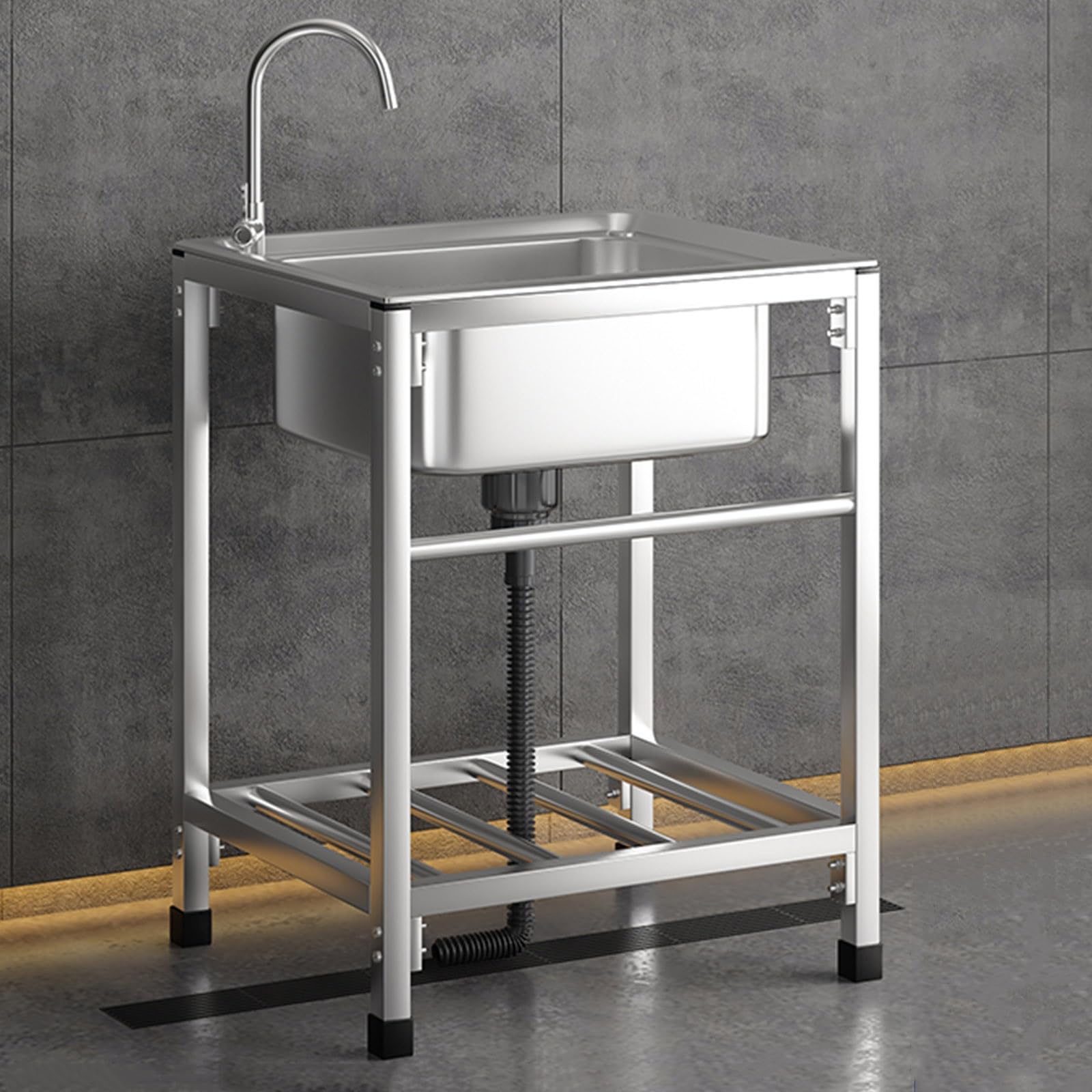 TAXXII Outdoor Sink, Single Bowl Hand Wash Stainless Steel Utility Sink with Storage Shelves, Free Standing Commercial Restaurant Set, for Laundry Backyard Garage (Color : Cold, Size 53