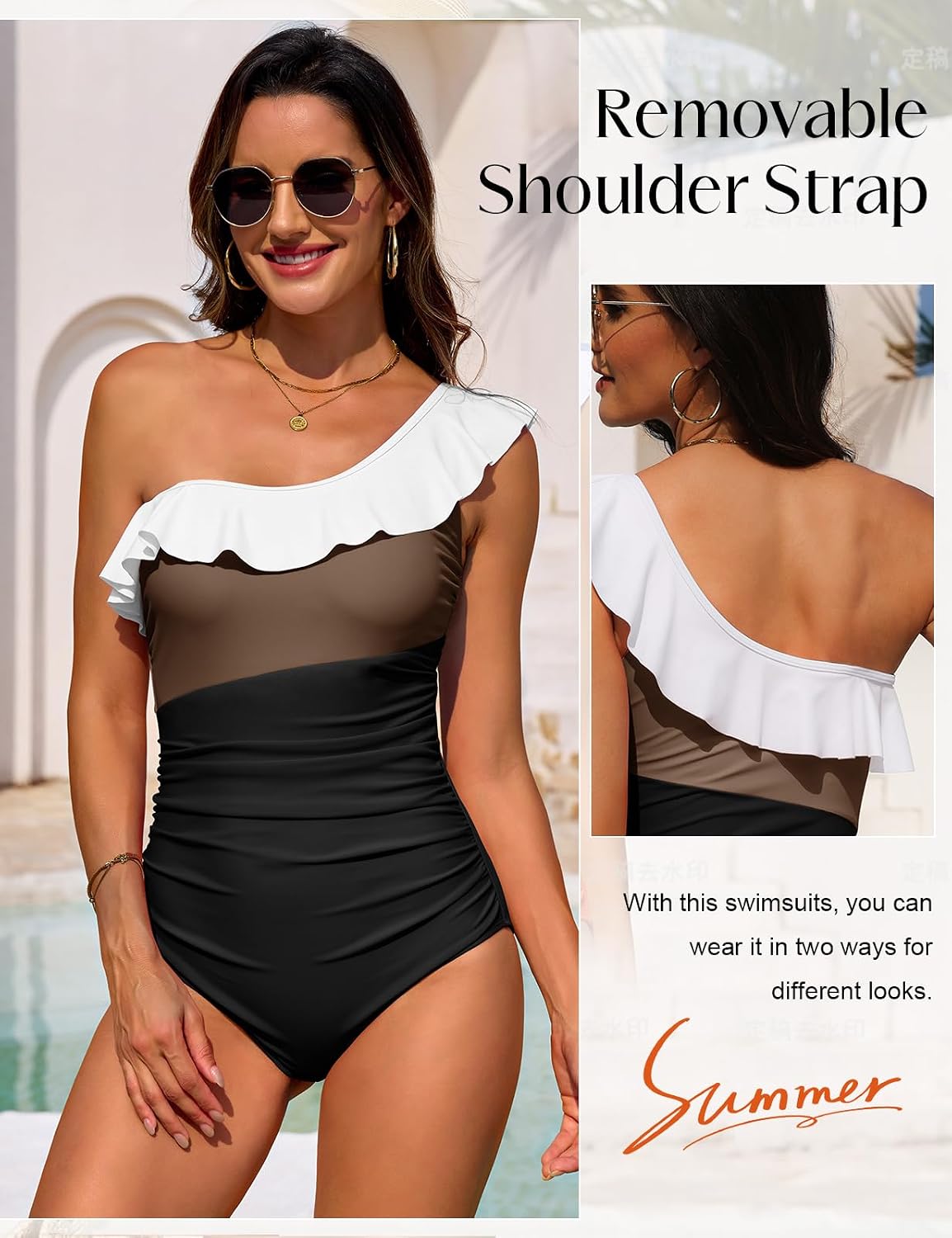 Women One Piece Swimsuit Tummy Control One Shoulder Color Block Ruched Bathing Suit Removable Strap Swimwear