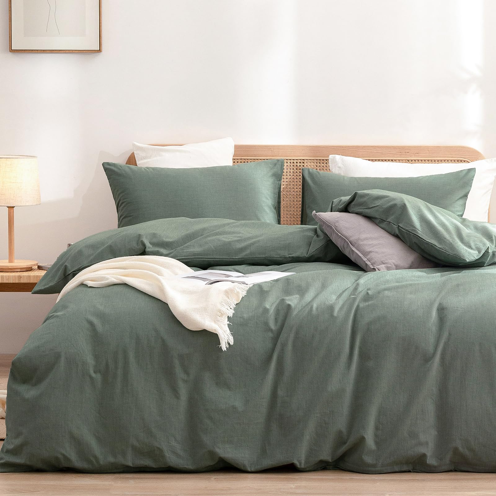 BESTOUCH Cotton Solid Duvet Cover Set Linen Feel Green Queen