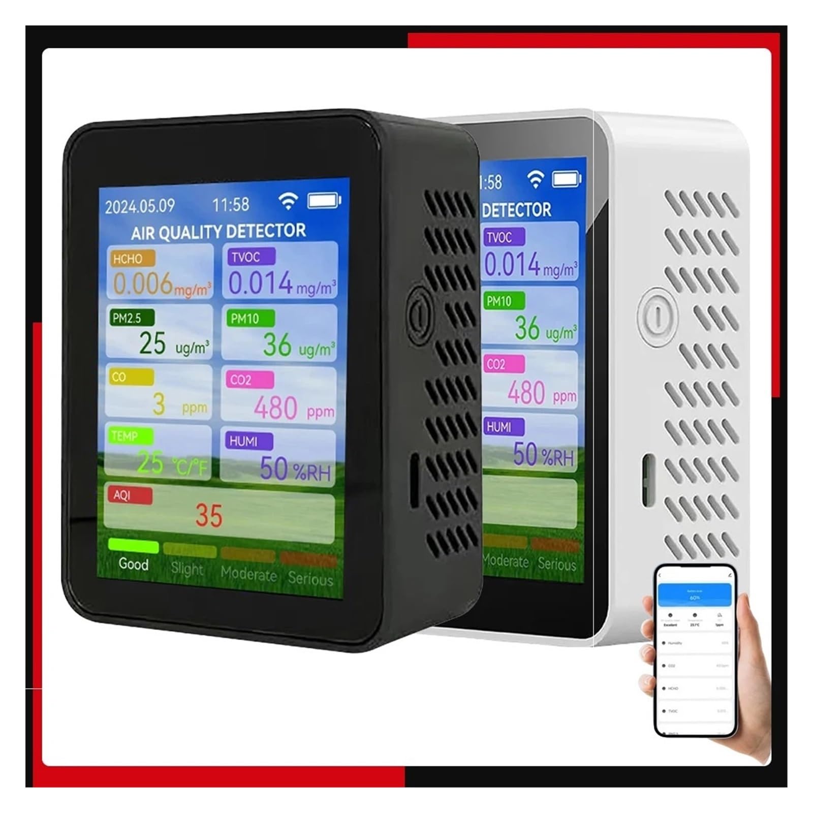 Air Quality Monitor, Misuratore Multifunzionale A Qualità 'aria WiFi HCHO TVOC Monossido Di Carbonio CO2 PM2.5 PM10 Tester TFT Da 2,8 Pollici(Black)