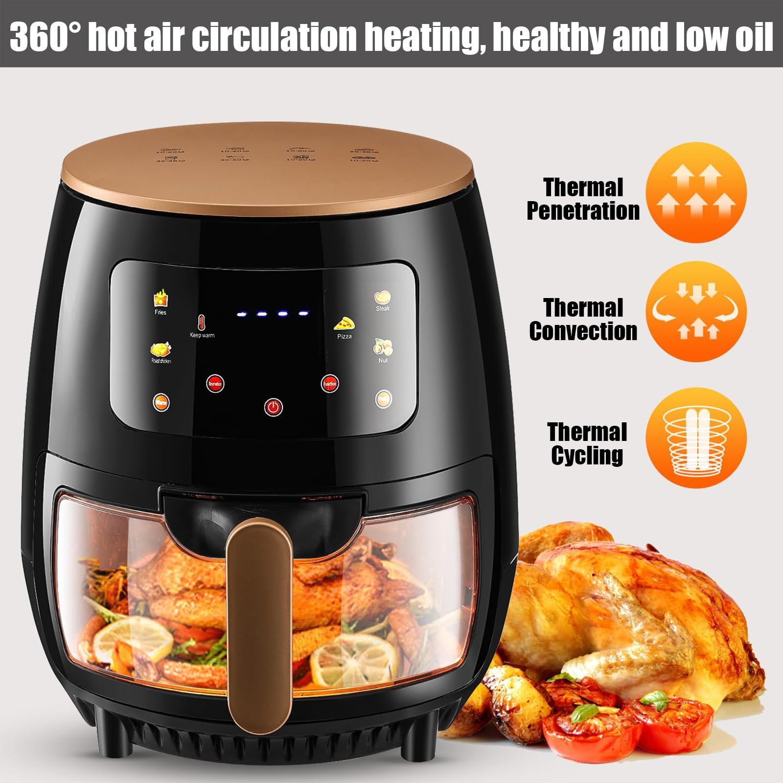 Friggitrice digitale ad aria con finestra visibile, 6 funzioni di cottura, timer e touchscreen per una facile preparazione dei pasti, perfetto per crostate di uova, patate dolci e carne