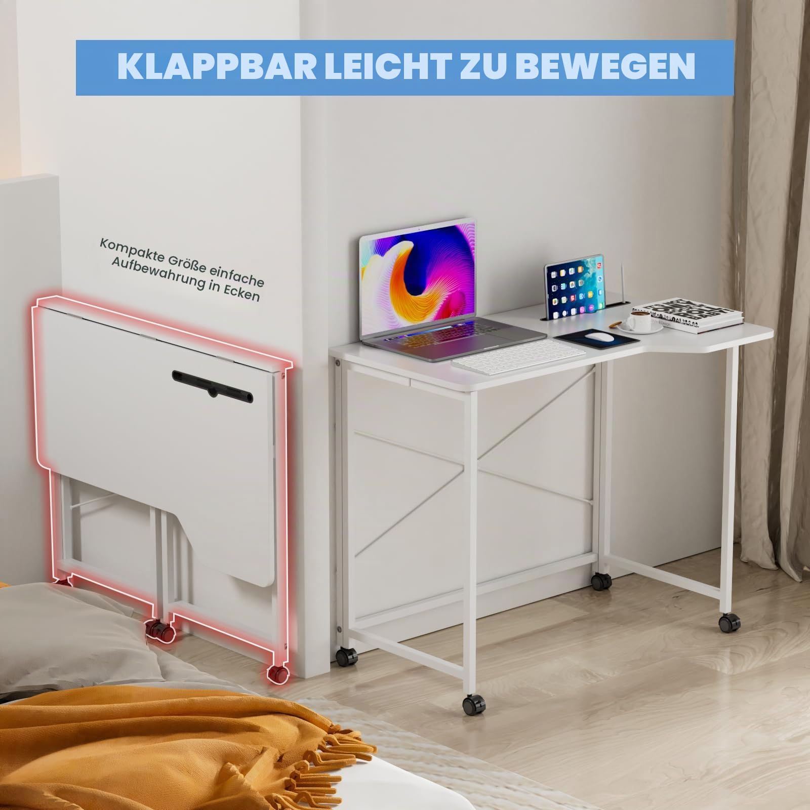 Computertisch Klappbar, Schreibtisch Klappbar mit Rollen, 90x56x76cm Faltbar PC Tisch Bürotisch mit Tablet Steckplatz, Klapptisch Holz für Home Büro (weiß)