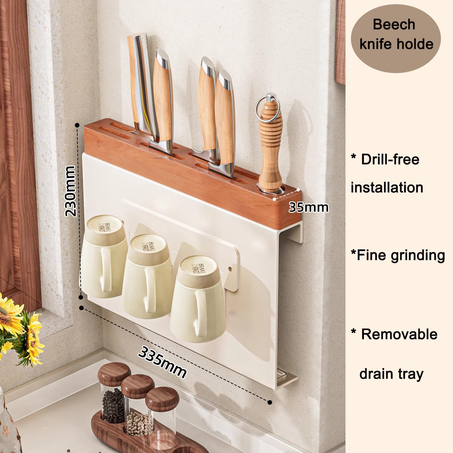 Dxcaicc Kitchen Knife Holder with Cup Rack, Universal Acacia-Wood Knife Holder 6-In-1, Mmulti-Function Wall Mounted Ventilation Knife Block for Family, Restaurant,C,17.5 Inch