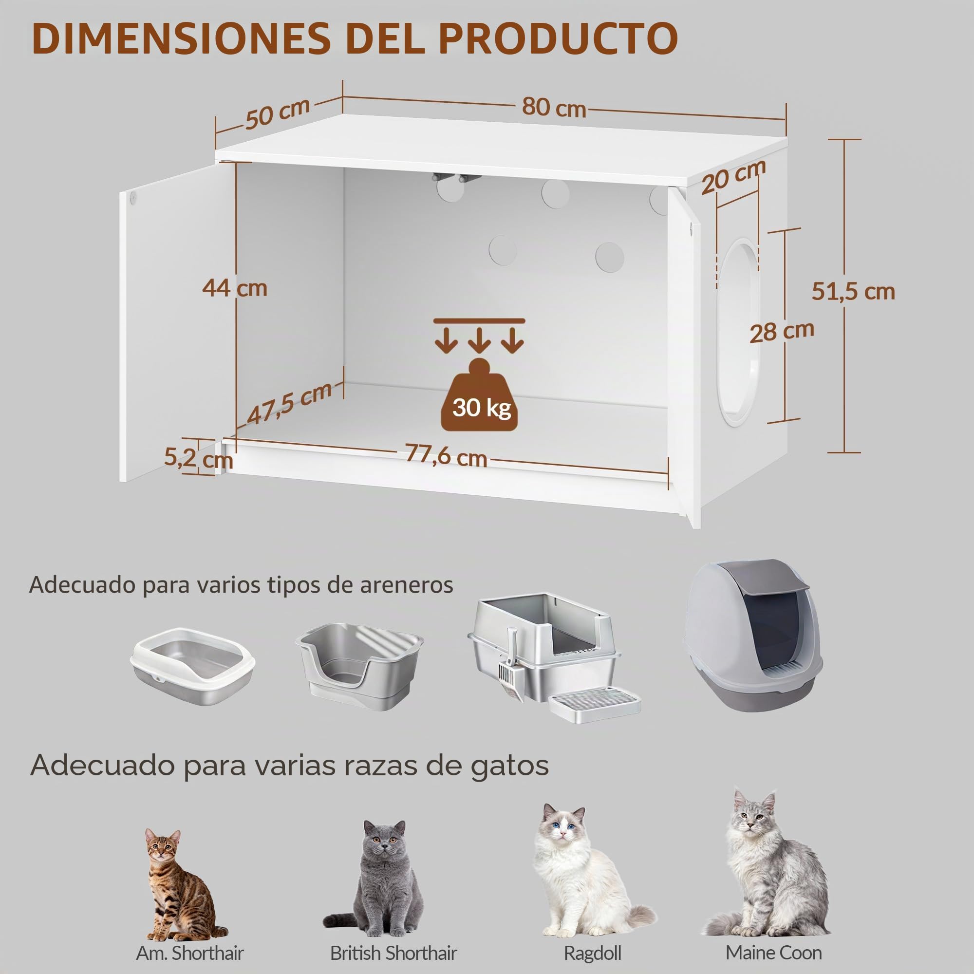 Mueble Arenero Gatos Oculta, 80 x 50 x 51,5 cm, Blanco | Armario para Gato con Puertas que se Abren con un Empujón y Orificios de Ventilación, Casa para Gatos, Minimalista FPCB201PW1