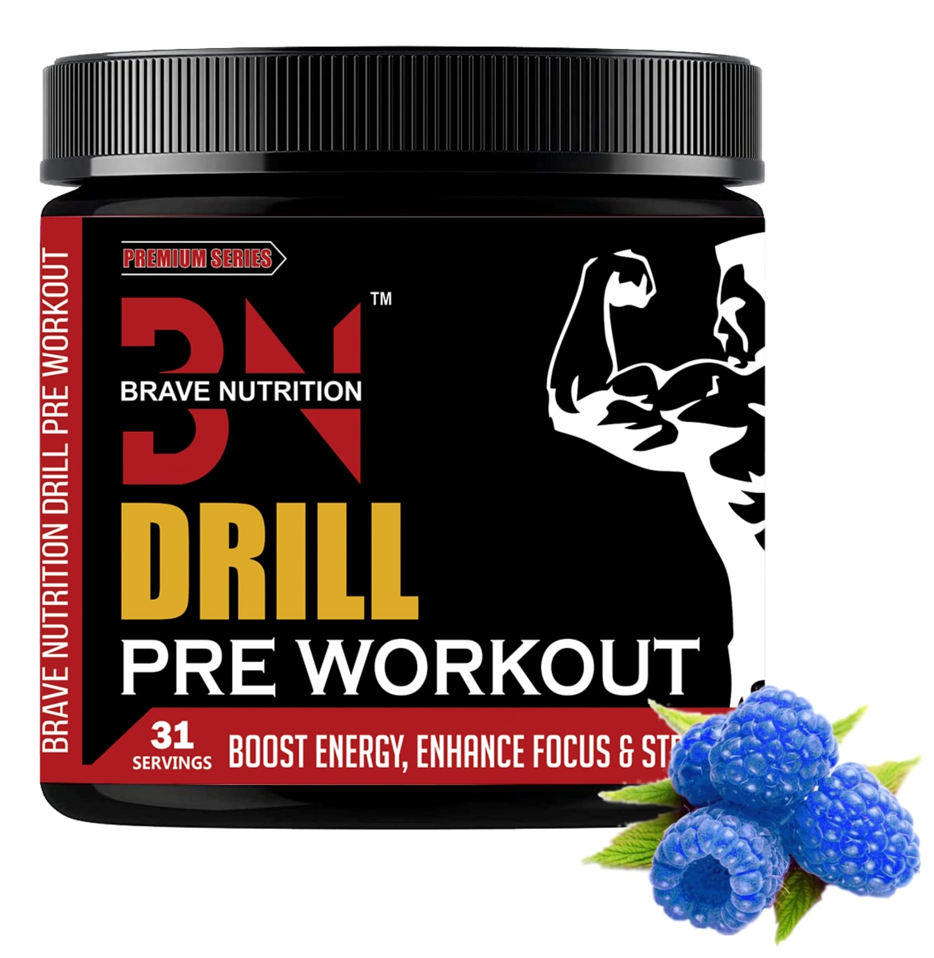 Brave NutritionHardcore Drill Pre-Workout Supplement with L-Arginine, L-Citrulline & Caffeinated Punch for Lean Muscles Building | Strength | Mental Focus | Energy | Powerful Pumps | Next Generation Preworkout Formulation - Men & Women [31 Servings, Blueberry Bash, 250g]