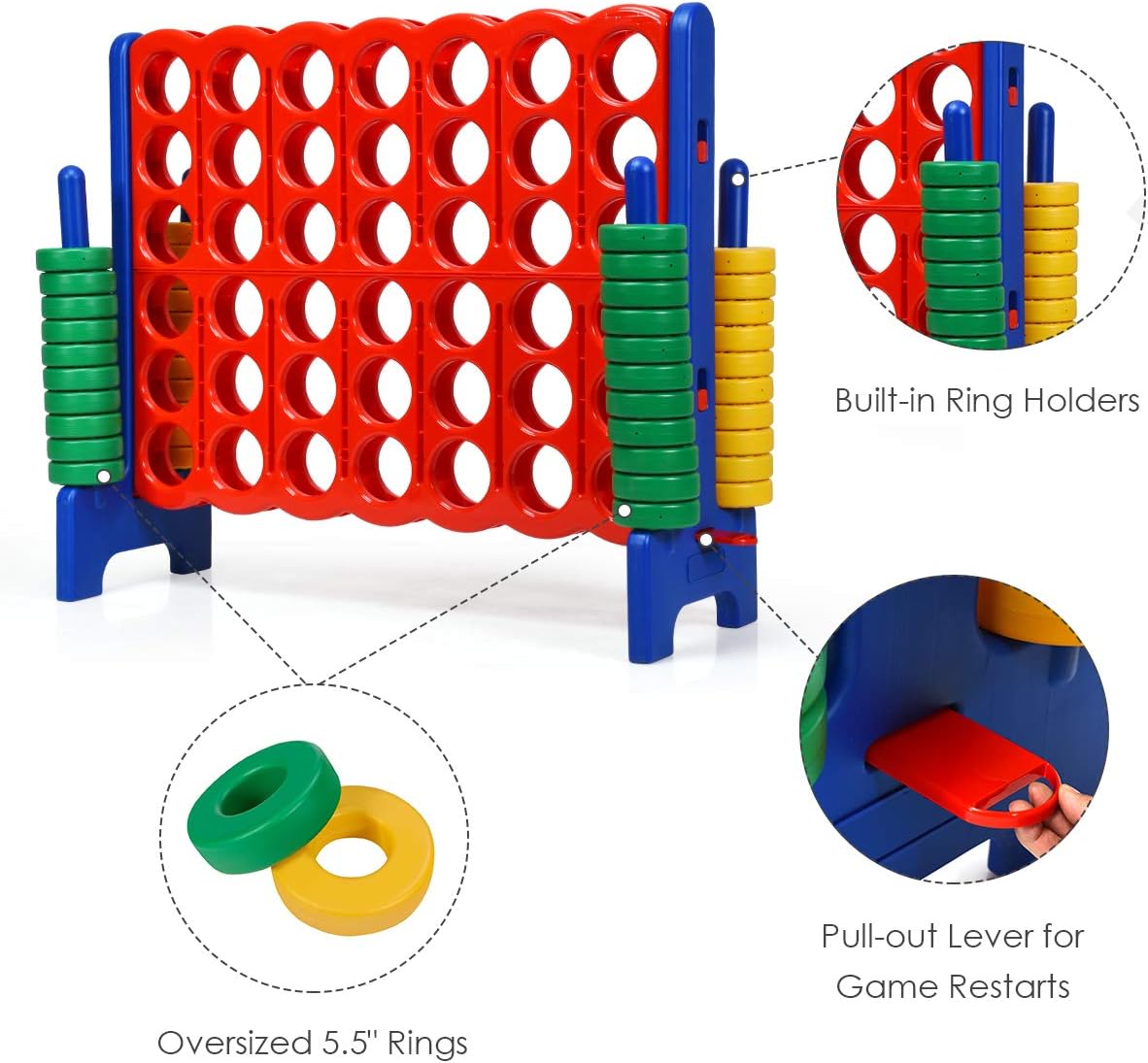 GLACER Giant 4-in-A-Row, Jumbo 4-to-Score Giant Game Set Backyard Games for Kids & Adults, 3.5FT Tall Indoor & Outdoor Connect-All-4 Game Set with 42 Jumbo Rings & Quick-Release Slider