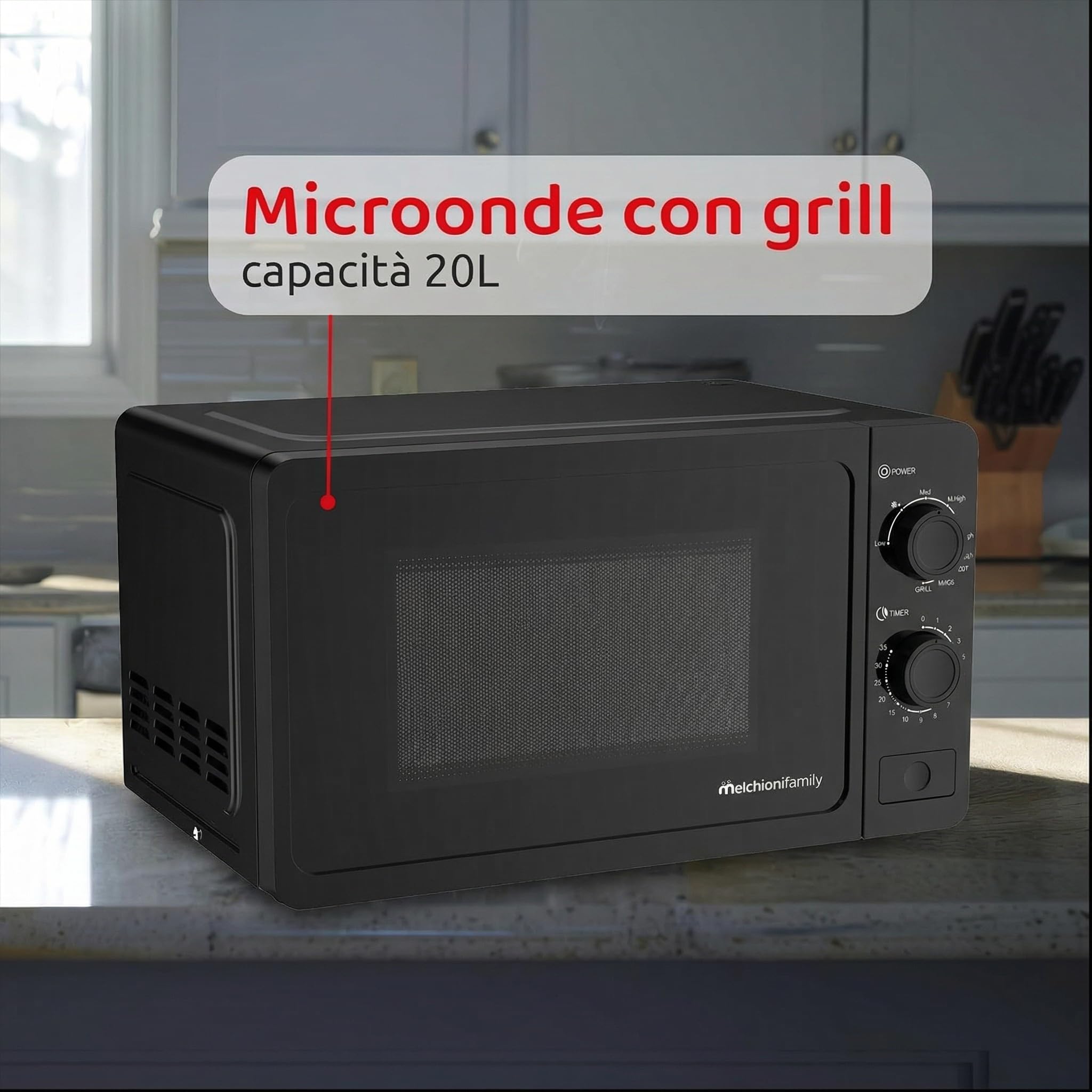 Melchioni Family Mikrofalówka 20 l z grillem - Fala - 800 W - Wymiary 46 x 32 x 26 cm - Timer 1–35 minut, szklany talerz i otwór z przyciskiem - czarna