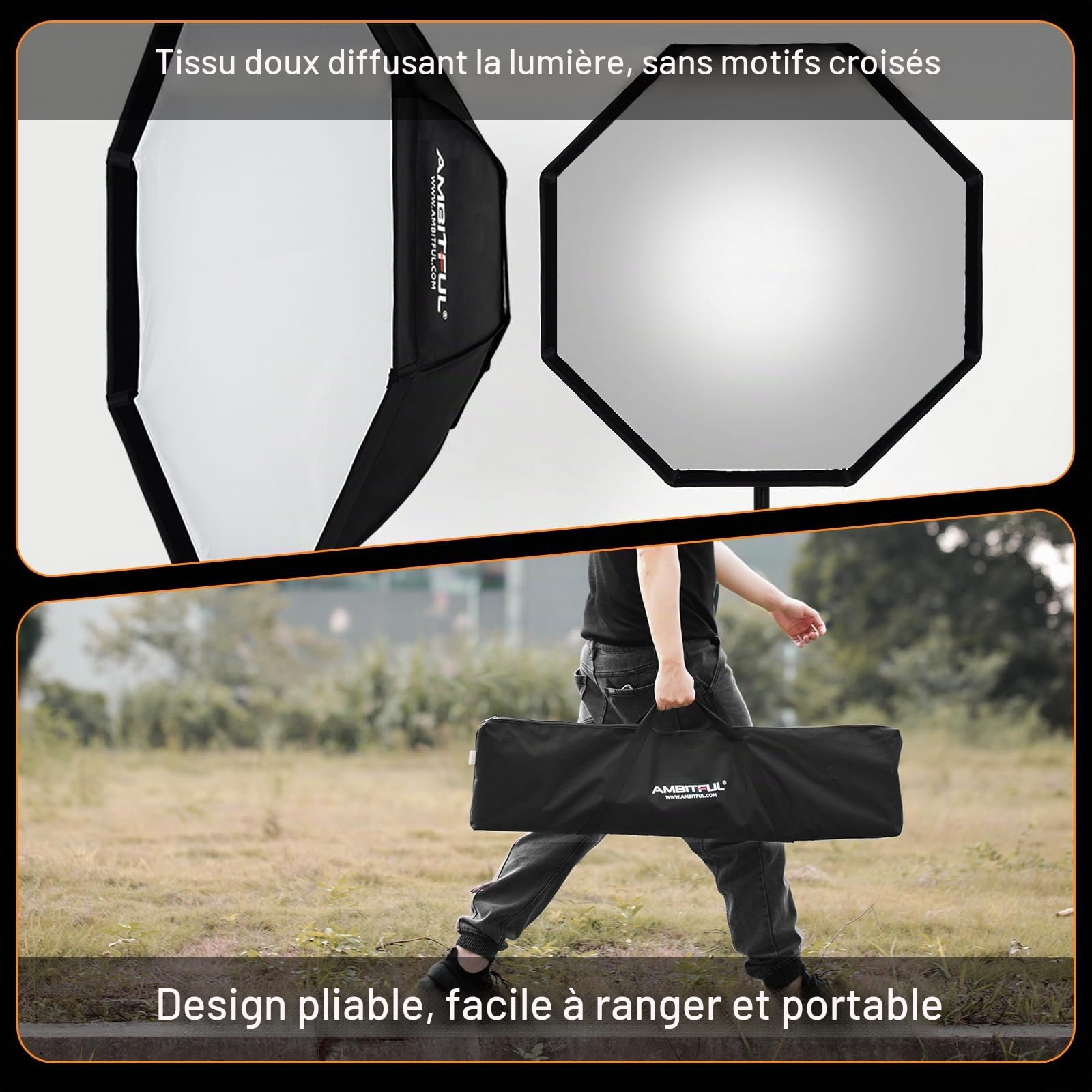 AMBITFUL FW95/37.4in Softbox Octagon Honeycomb Grid Bowens softbox, with Honeycomb Grid + Carrying Bag, for Bowens Mount Lamp (95cm)