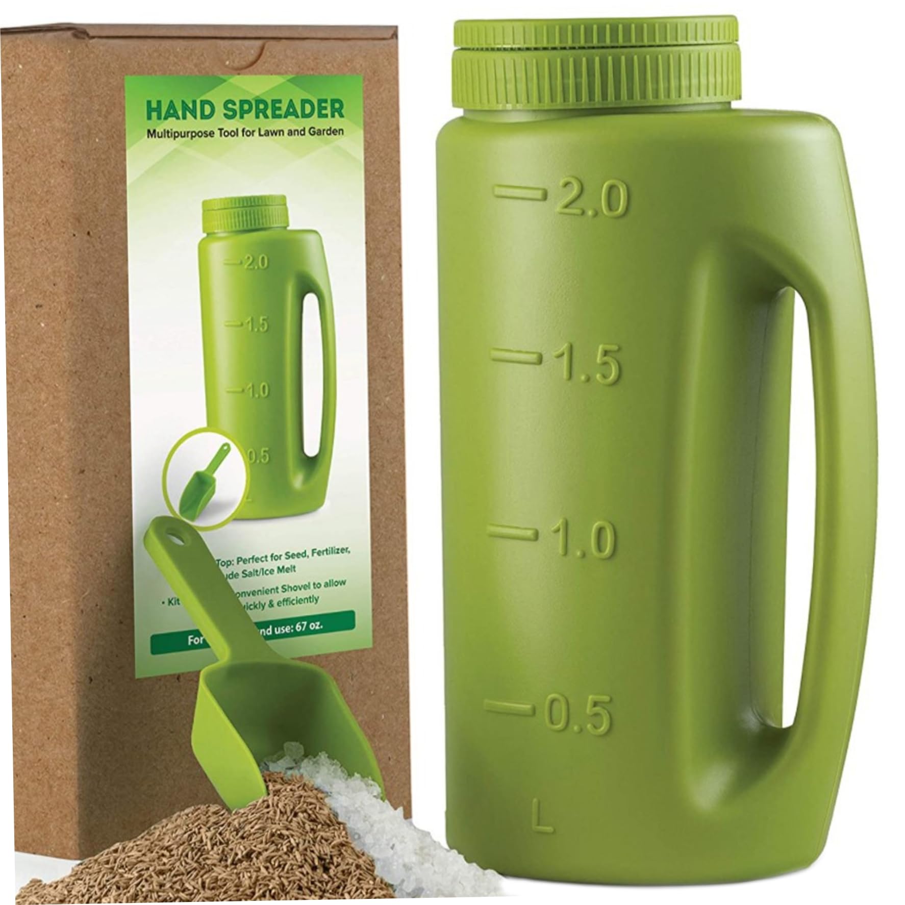 Dbvnnsy Salt Spreader for Snow, 2L Ice Melt Spreader with 7 Adjustable Opening Modes, Fertilizer Spreader for Snow with Shovel, Hand Spreader for De-Icer, Ice Melt, Earth Food