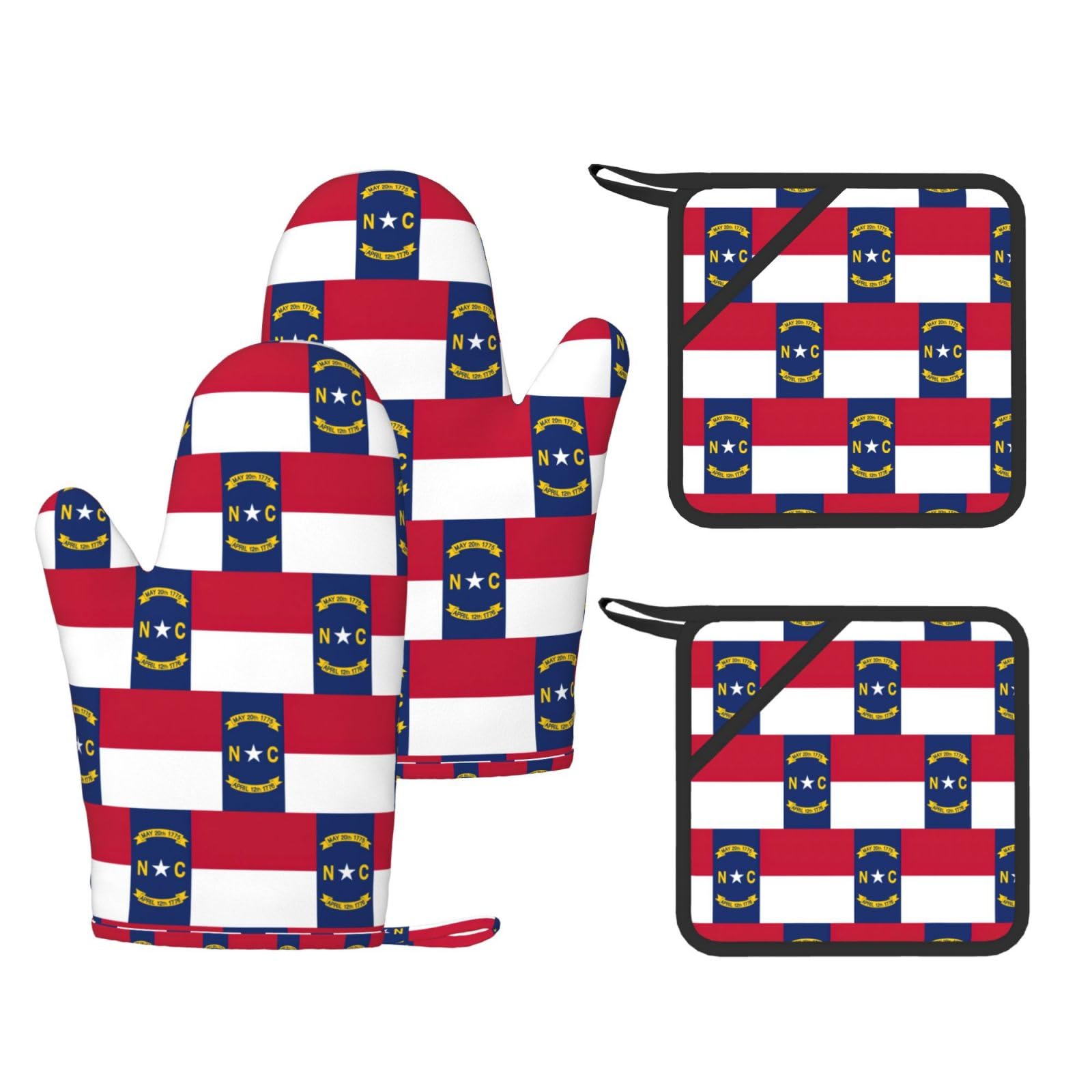 North Carolina state flag Printed Kitchen Oven Gloves and Potholder 4 Pcs, Non-Slip Heat Resistant Mitts for Baking Chef