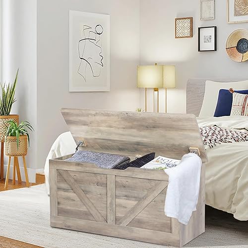 Miniatura 2 de Baúl de almacenamiento de 39.4 pulgadas, banco de almacenamiento de madera, baúl de almacenamiento grande con 2 bisagras de seguridad, banco de