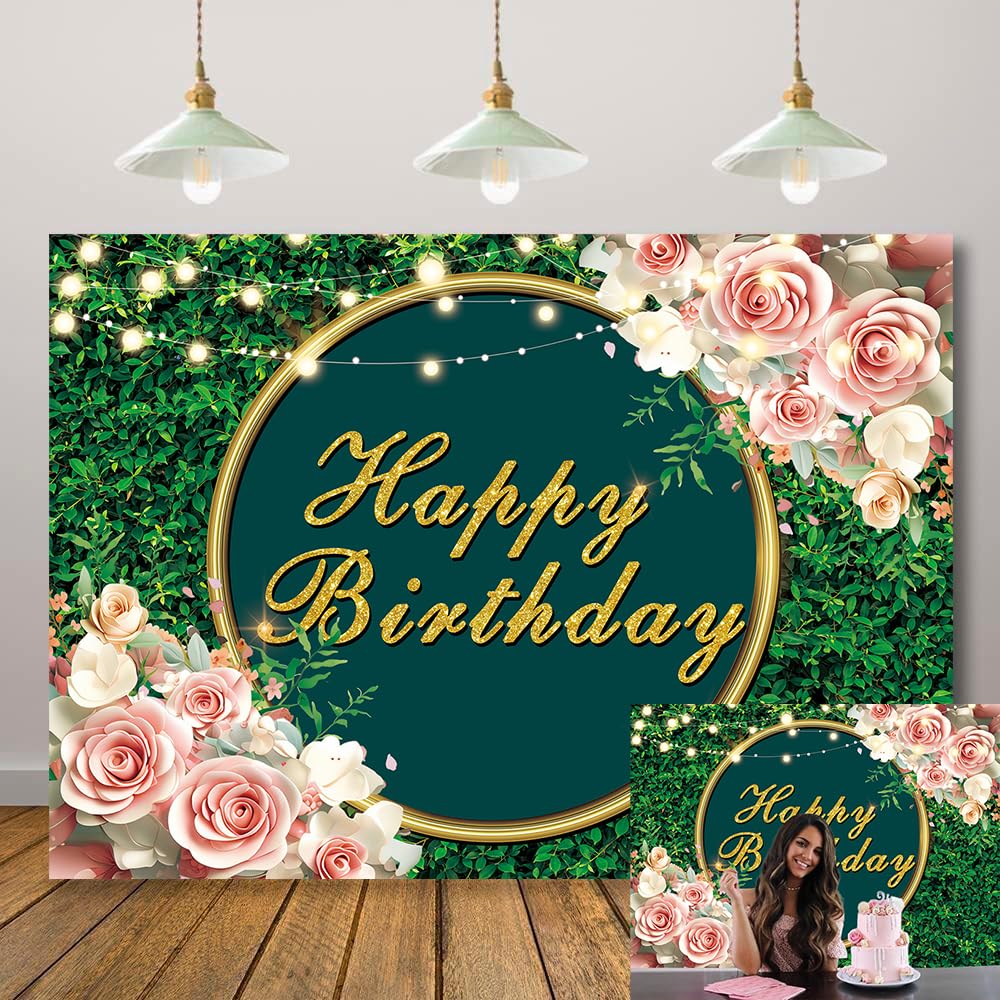 Greenery Happy Birthday Backdrop Green Leaves Flowers Lights Photography Background 30th 40th 50th Adult Birthday Baby Shower Party Decorations Photo