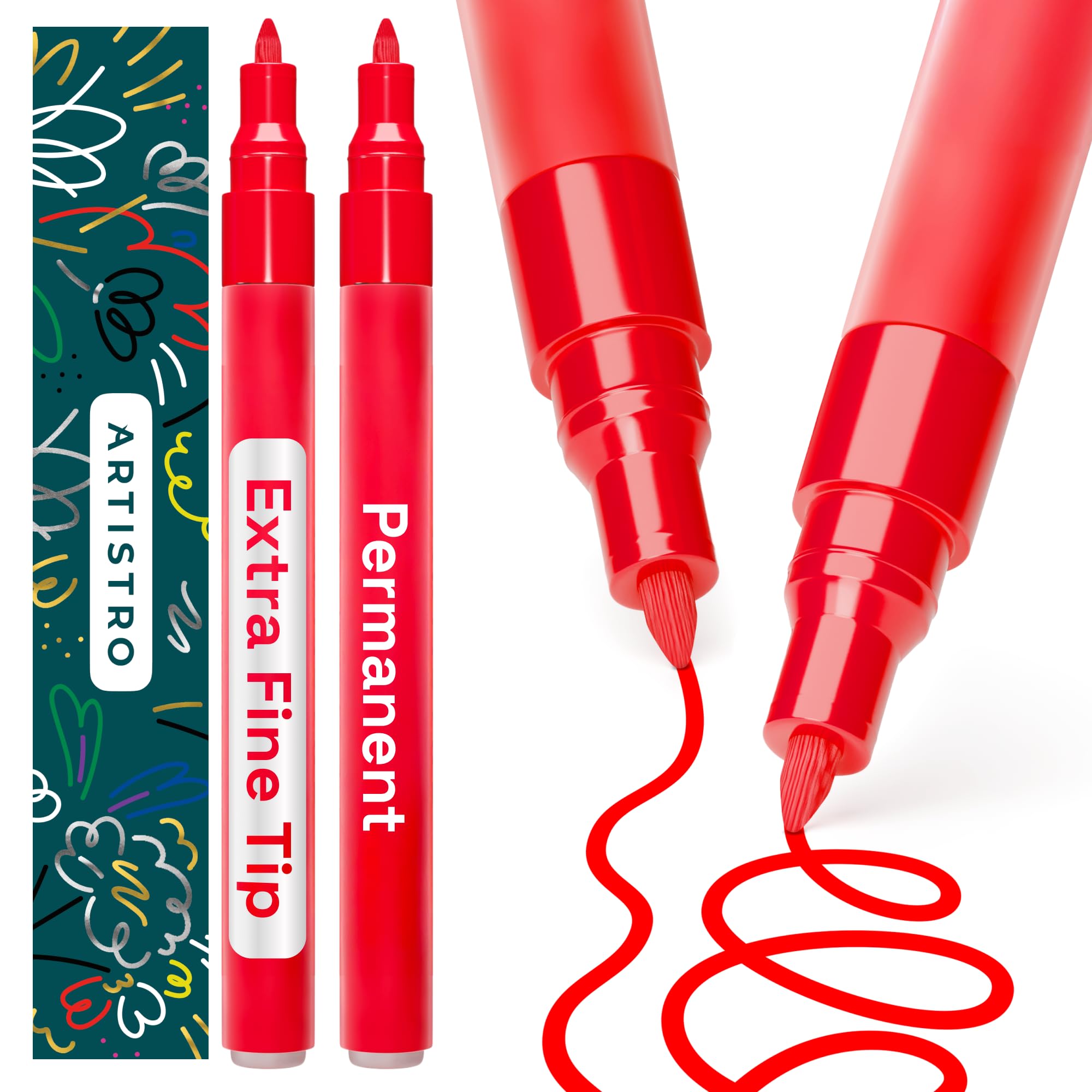 ARTISTRO Red Permanent Marker - Set of 2 RedPaint Pen, Oil Based Paint Markers Extra-Fine Tip 0.7mm, Waterproof Quick Dry Red Marker for Rock Painting, Ceramic, Glass, Wood, Tire, Fabric &amp; More