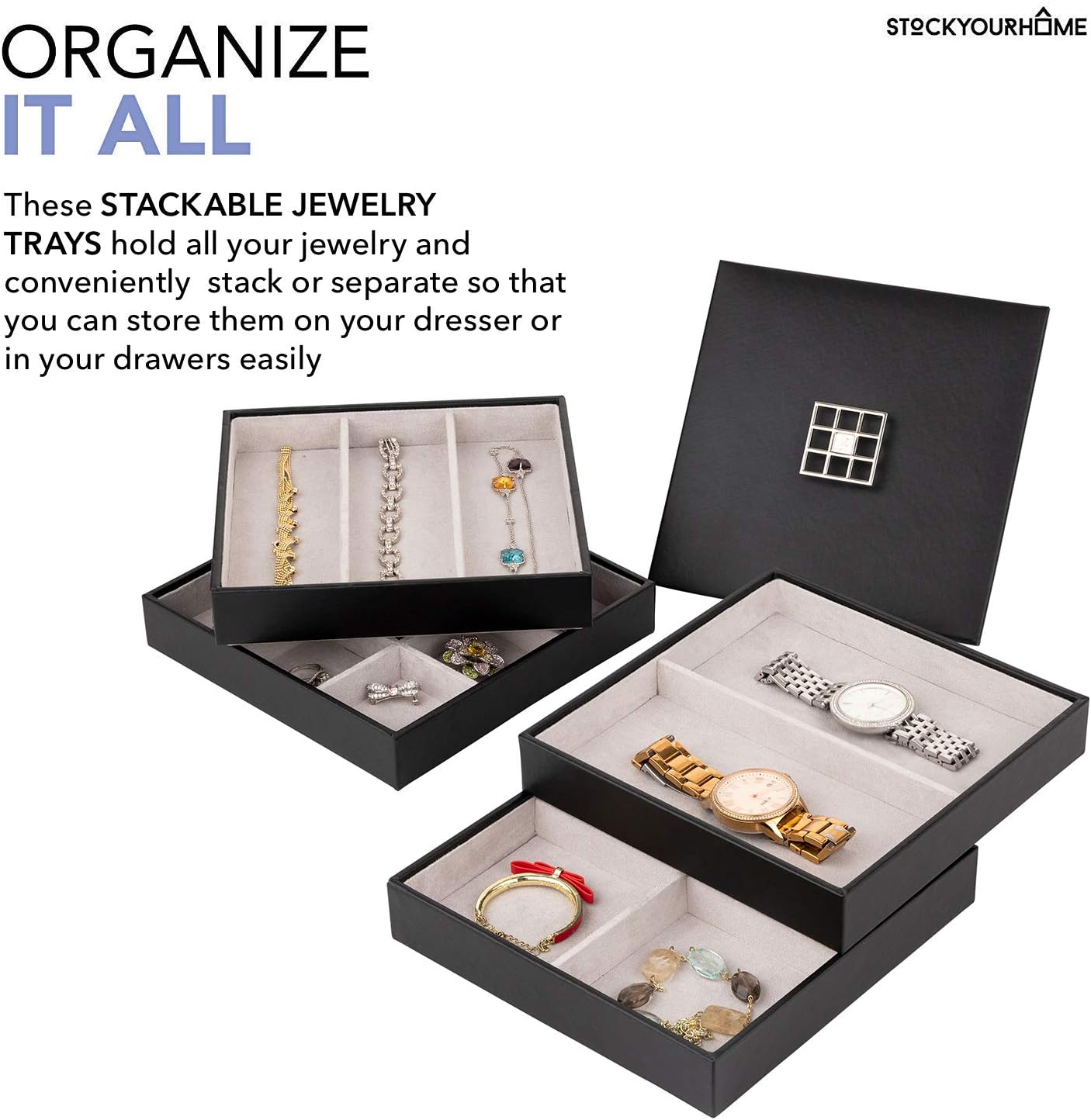 Stock Your Home Jewelry Organizer Stackable Trays with Lid - Elegant Black Faux Leather Jewelry Organizer Box - Use as Stackable Jewelry Tray, Jewelry Organizer For Drawer, and Accessories Storage Box : Clothing, Shoes & Jewelry