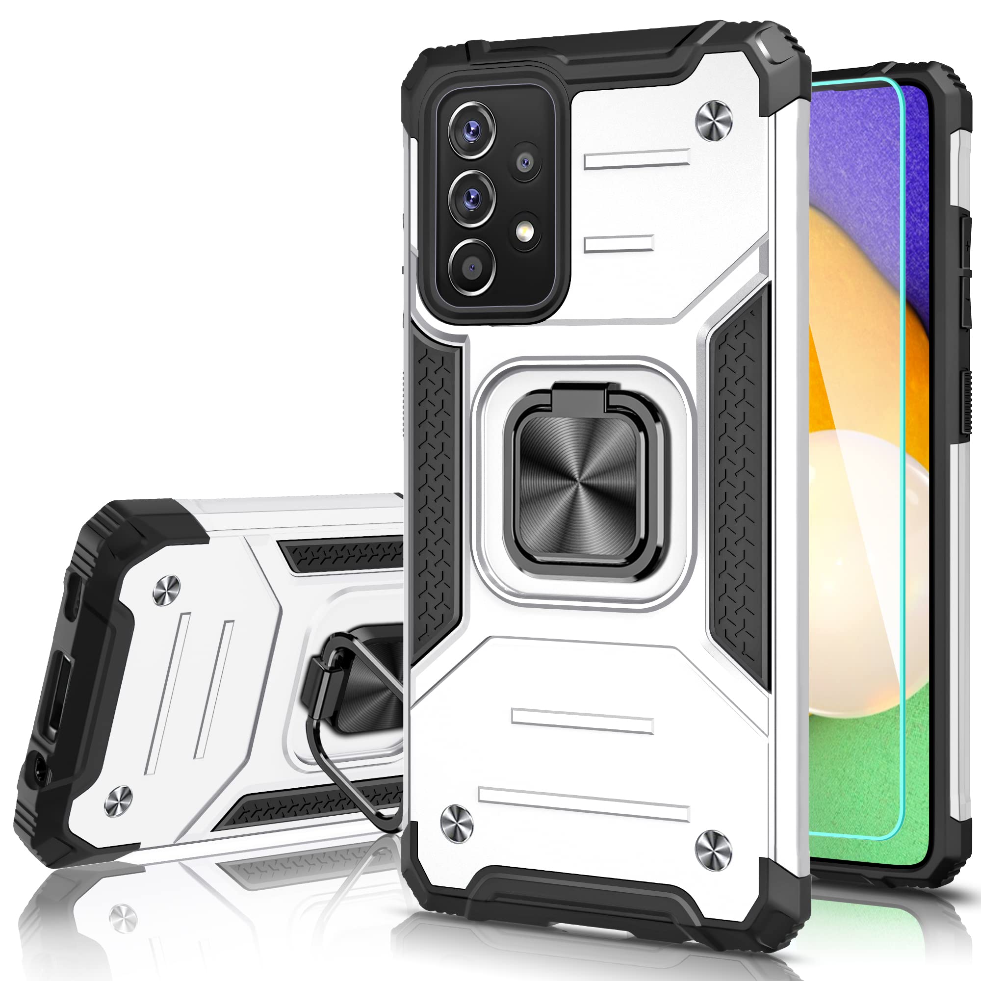 ShockProof Case for Samsung Galaxy A52 with Ring Kickstand, Bumper Armour Phone Cover for Samsung Galaxy A52 - Silver White