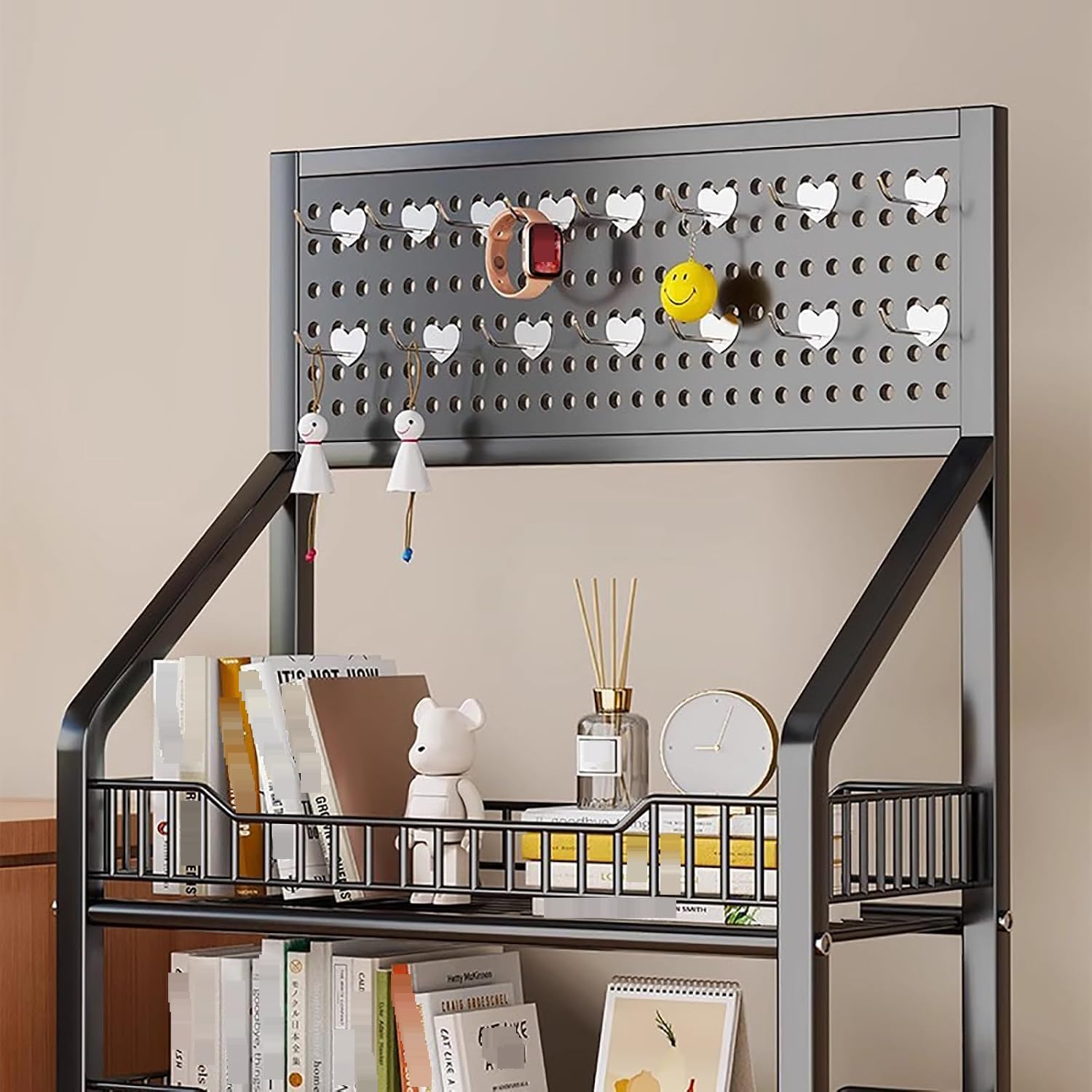 Carrello Di Utilità Di Laminazione Di 4 Tier, Ripiano Robusto Snack In Metallo Con Piano Di Pegboard, Portaoggetti Da Cucina Mobile Per L'organizzatore Di Camere Da Bagno, Espositore Versatile Con Ruo