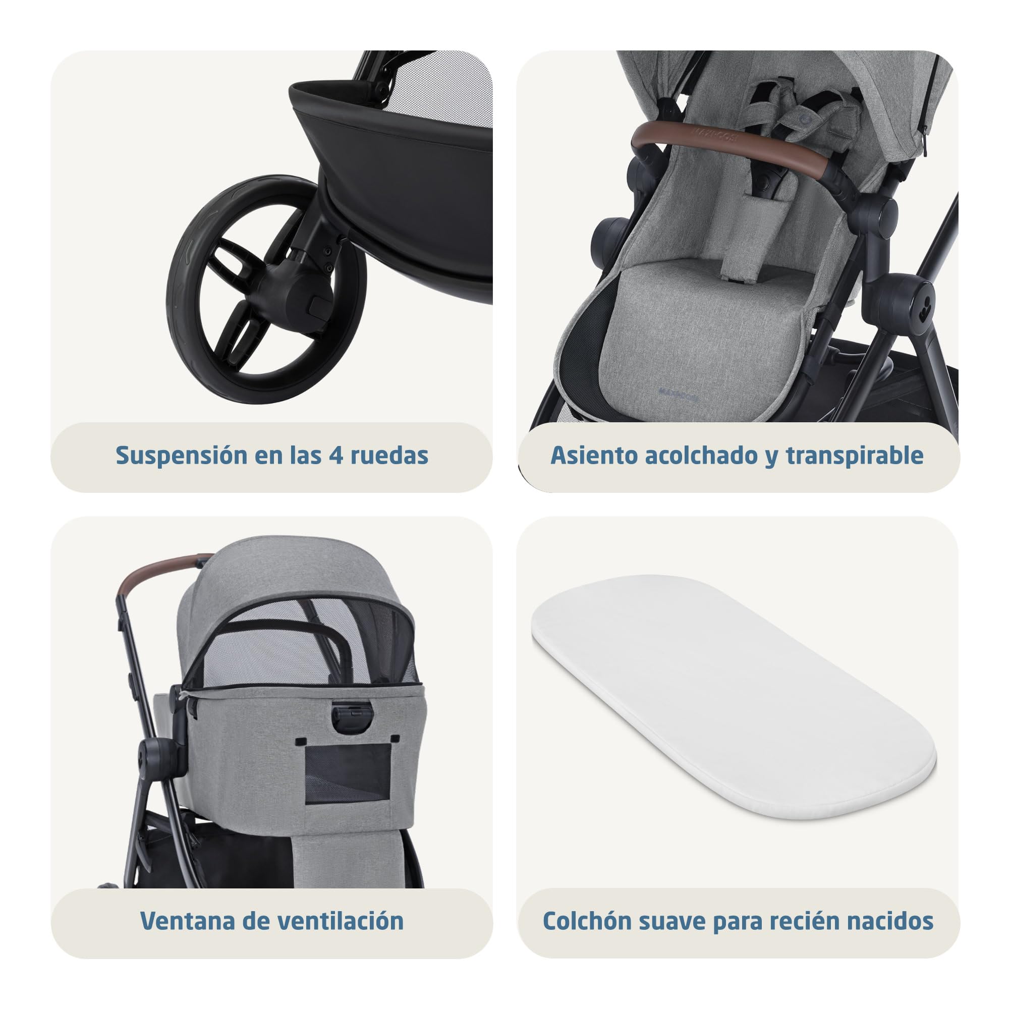 Maxi Cosi Zelia Select+,Cochecito Bebé 3 en 1 con Silla de Coche y Capazo Reversible, 0-4 Años (0-22 kg), Sistema de Viaje con Cochecito Plegado con una Mano, Silla Coche Bebé CabrioFix S i-Size, Gris