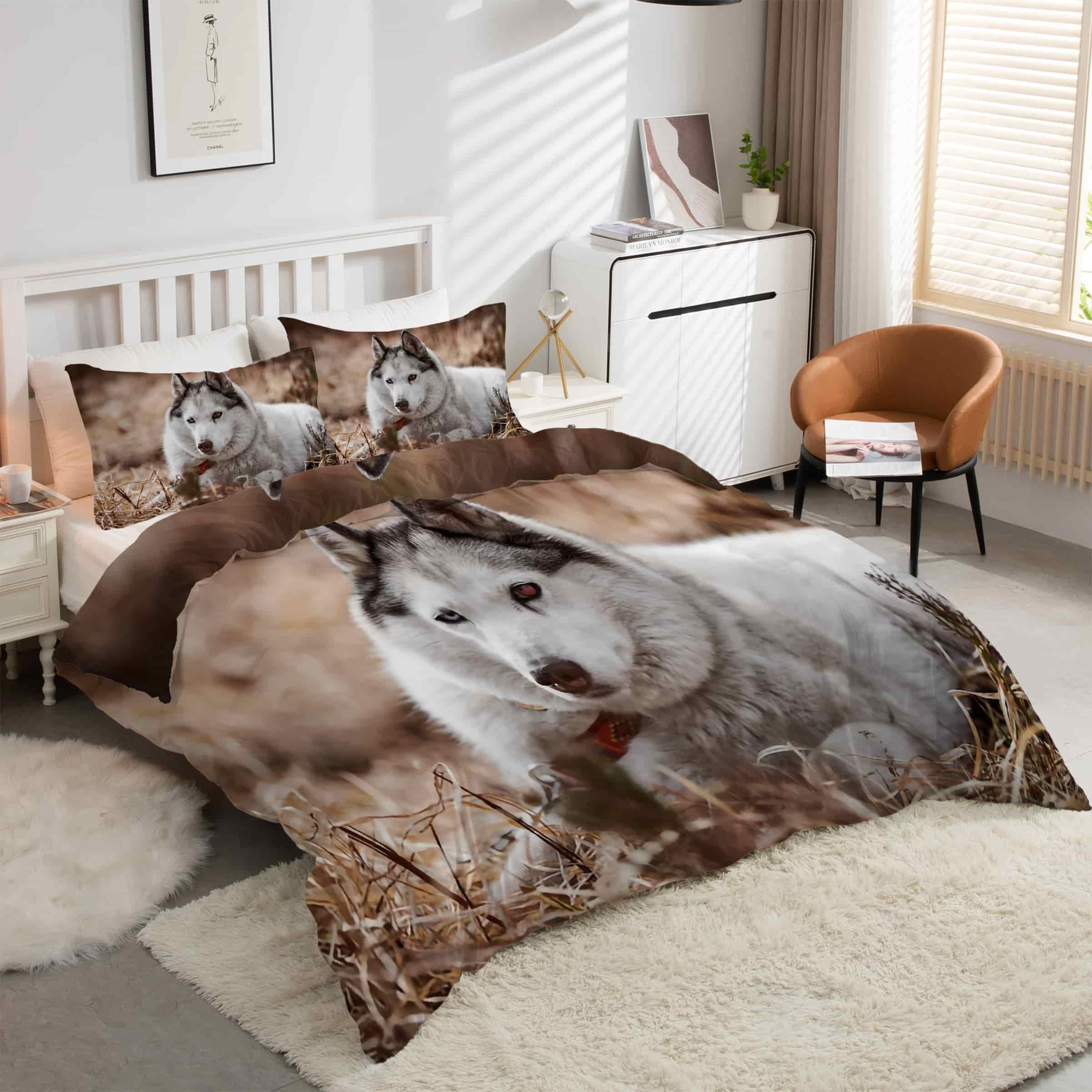 Housse de Couette 220x240 Chien Husky avec 2 Taies d'Oreiller en Microfibre Douce kK1703