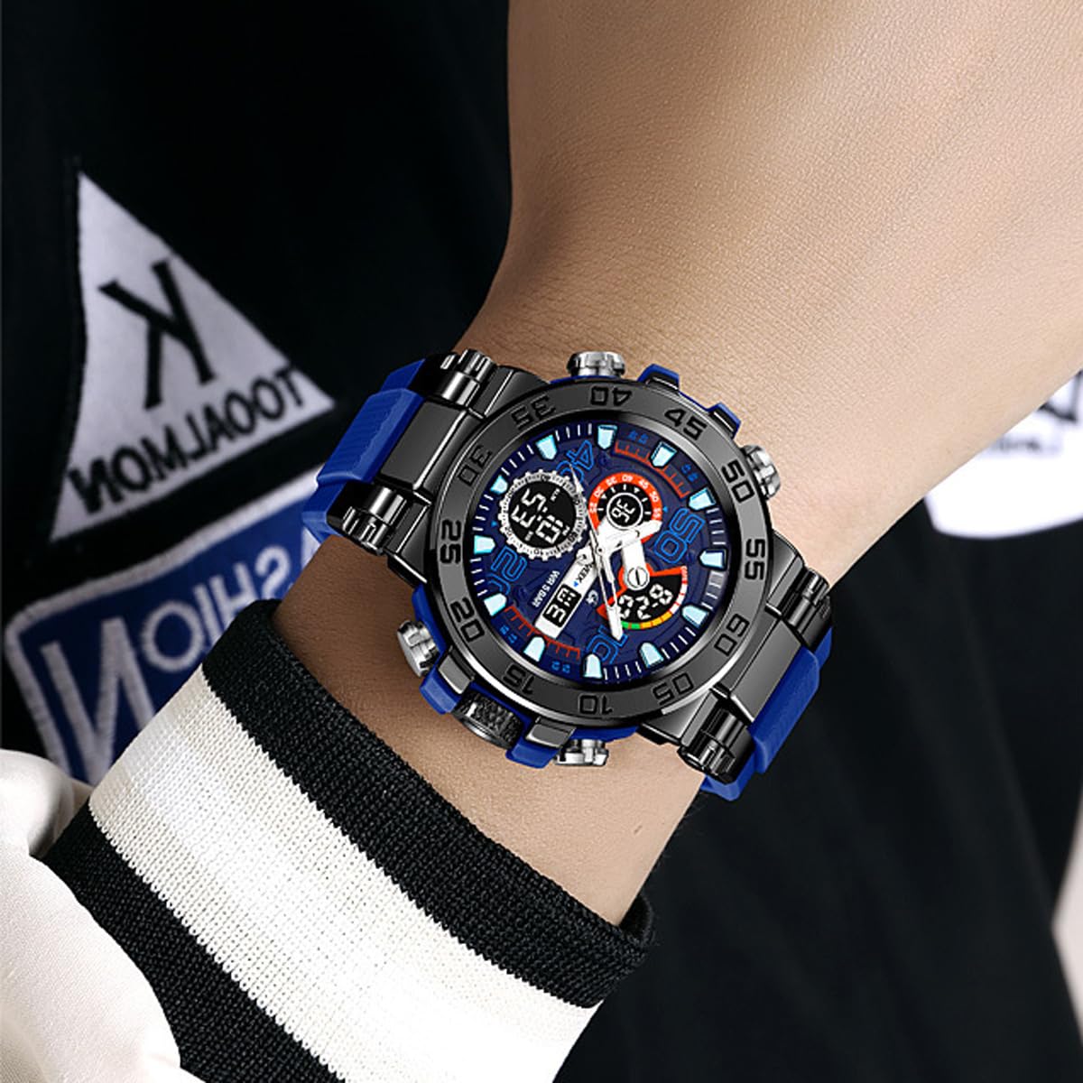 findtime Orologio da uomo sportivo militare, impermeabile, digitale, analogico, tattico, per attività all'aperto, con grande viso, doppio fuso orario, LED luminoso, sveglia e cronometro