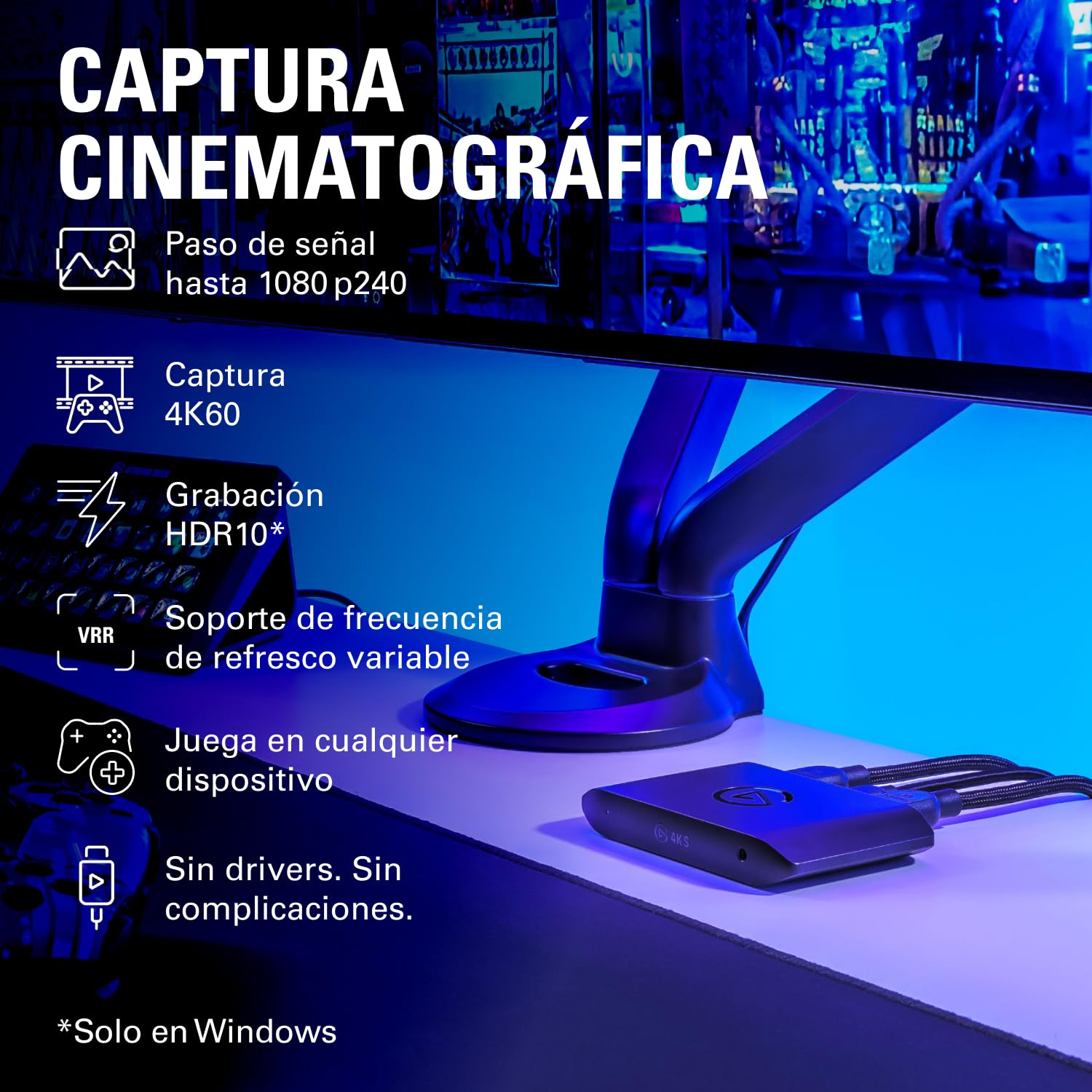 Elgato 4K S, tarjeta de captura externa | Captura 4K60, paso de 1440p120 o 1080p240, soporte HDR10, latencia cercana a cero, USB-C, entrada de audio analógica