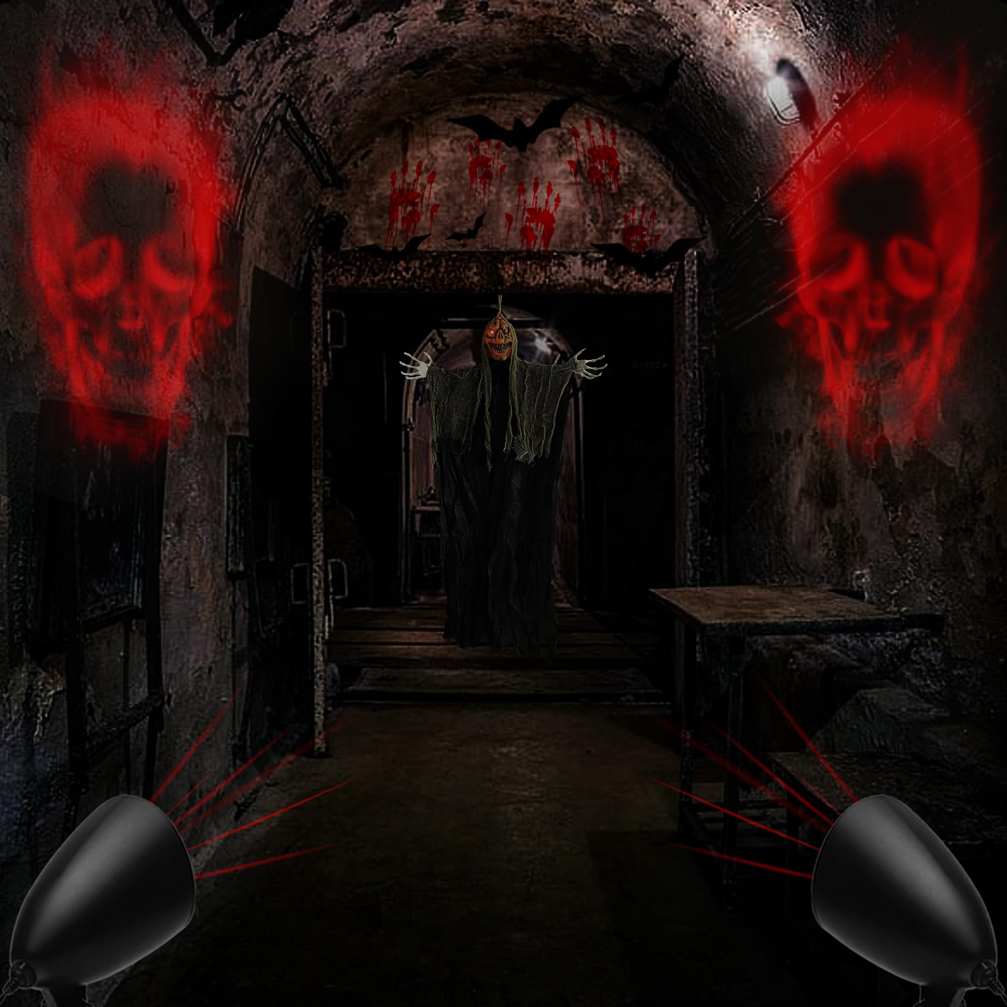 iShabao Halloween Deko Outdoor, 3D Dynamische Halloween Projektor mit Timer, Wasserdicht LED Projektionslampe mit Roter Skelett für Wand Fenster Garten Hof Party Deko