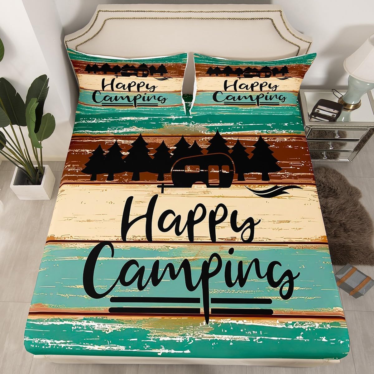 Happy Camping Bedding Vintage Camper Fitted Sheet Full Size, Rustic Bedding for Children Boys Girls Farmhouse Fitted Bed Sheets, Camper Accessories for Travel Trailers,Camper Must Haves 2022