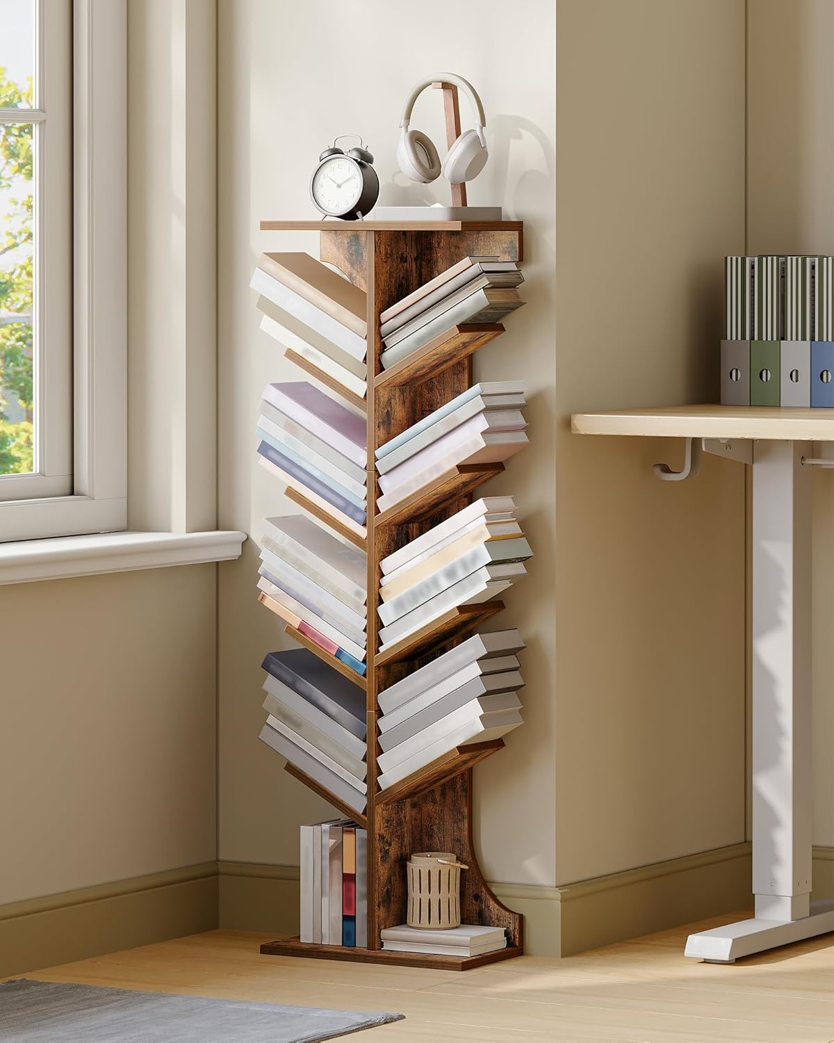 Tree Bookshelf, 11 Tier Narrow Bookcase, Display Shelf, Book Organizer, Small Floor Standing Book Shelf for Bedroom, Living Room, Home Office, Rustic Brown BC01601X