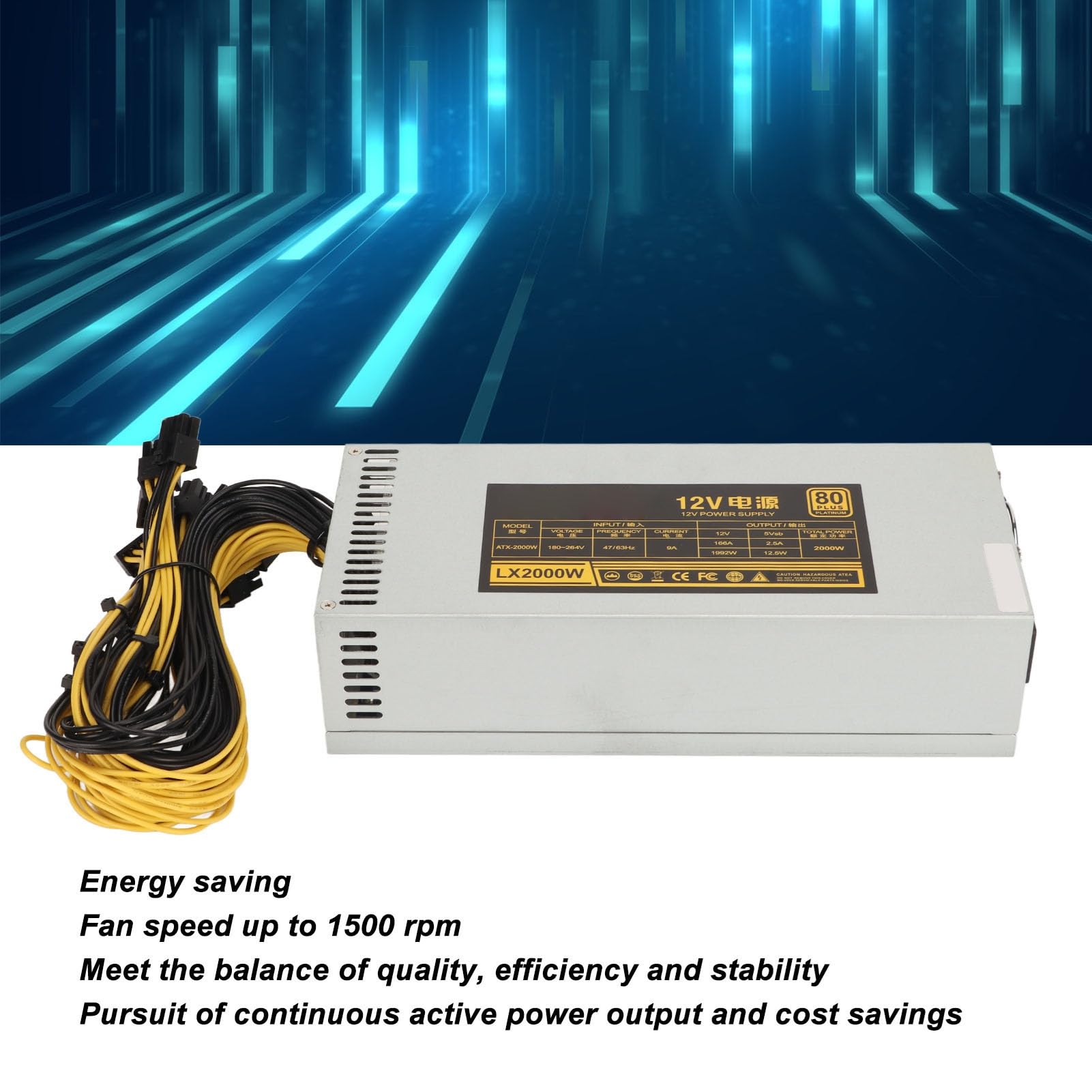 ASHATA Fuente de Alimentación para Minería de 2000 W, Compatible con 8 GPU GPU Mining Power, Fuente de Alimentación para Minería de PC con PSU de un Solo Canal 2U con Ventilador de