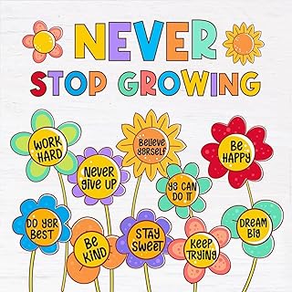 Never Stop Growing Floral Wooden Hanging Sign - Farmhouse Inspirational Decor for Country Home Living Room Desk, Spring Accent 8x8 Inch