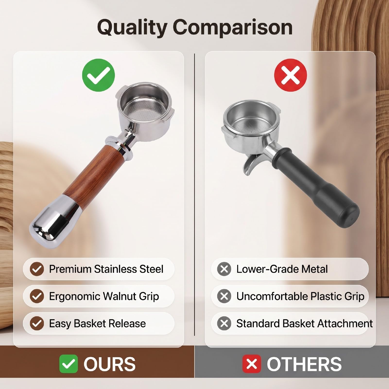 Portafiltro de 51 Mm con Cuerpo de Acero Inoxidable y de Madera de
