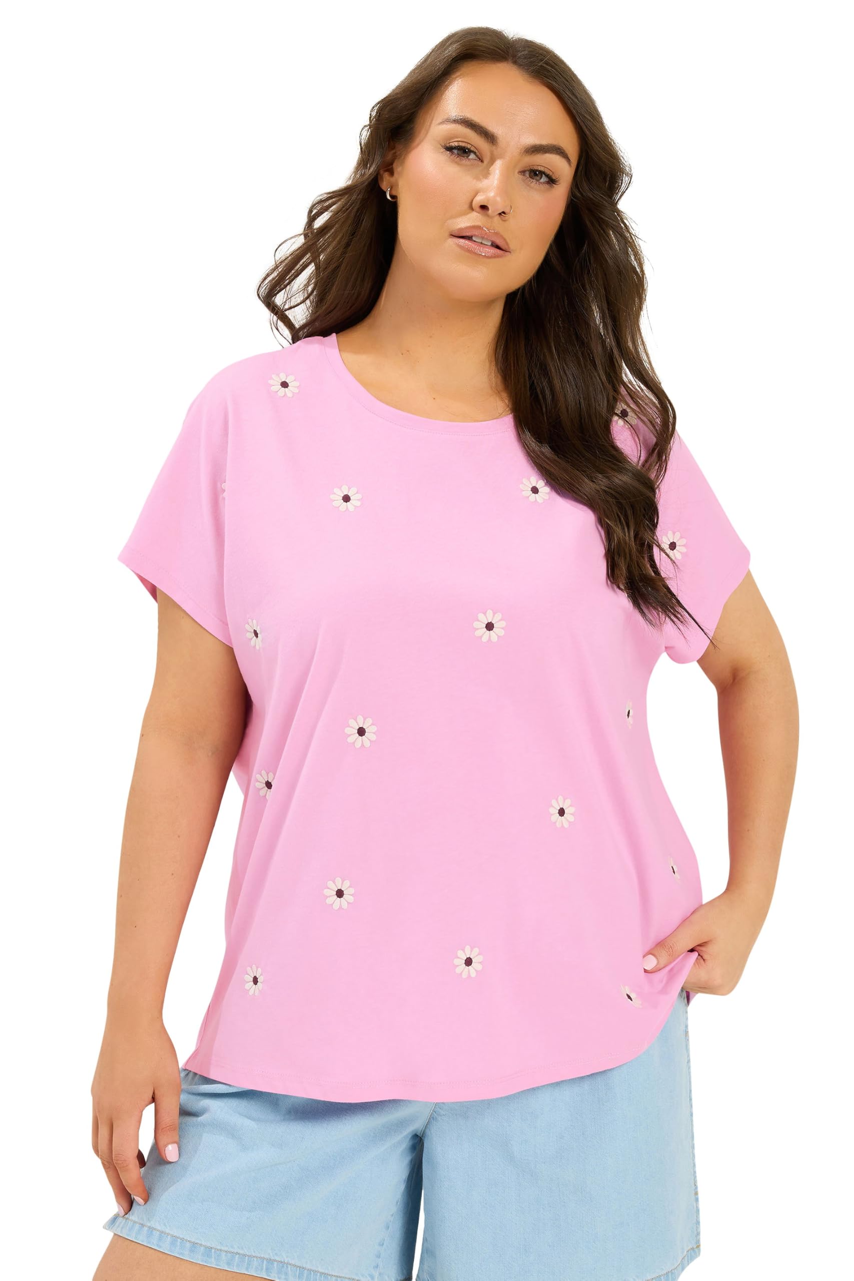 Yours Women's Pink Embroidered Daisy T-Shirt In | : 22/24