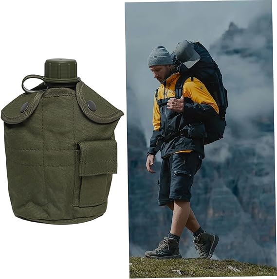 Plastic Canteen, 1L Portable Army Water Bottle with PE Cap & Oxford Pouch for Hiking Camping Climbing and Most Outdoor Activities