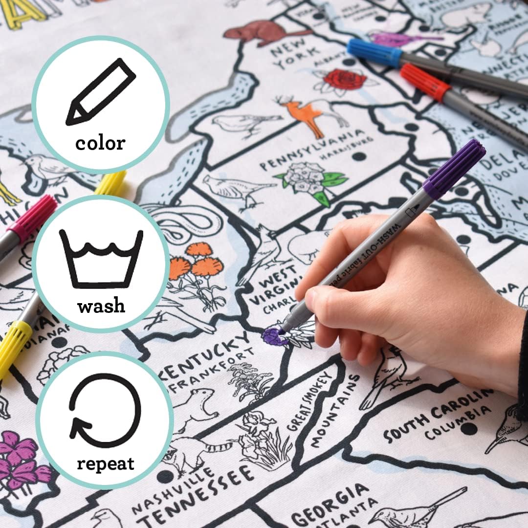 eatsleepdoodle Coloring US Map Tablecloth for Kids – Reusable Washable Activity Table Cover with 10pcs Washable Markers, Fun Arts & Crafts for Boys & Girls, Activity Blanket for Parties, Birthdays