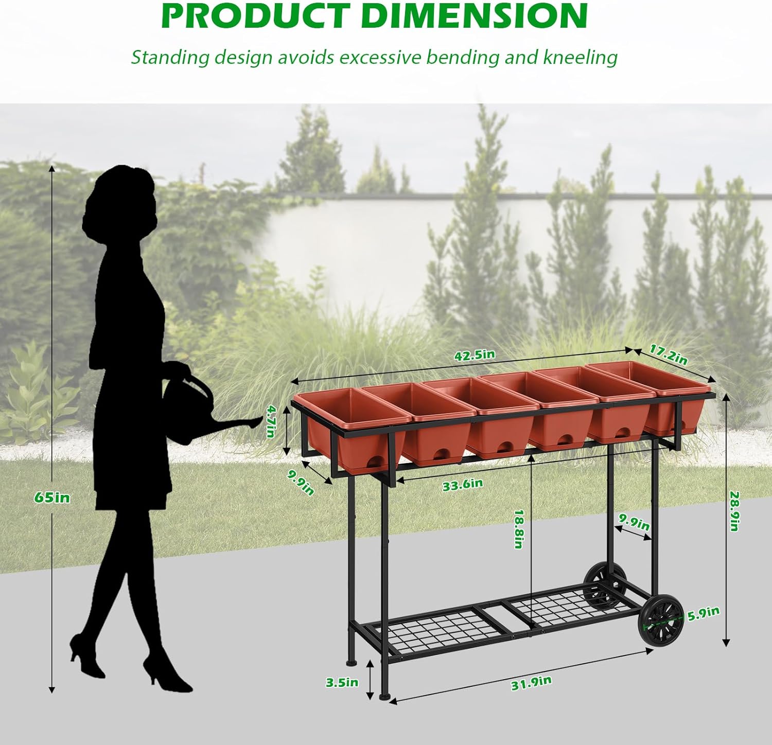 Vrisa Elevated Raised Garden Bed Outdoor with Legs 43x17x29 in Plastic Standing Planter Box with Storage Shelf and Wheels Vegetables Herbs Flowers Gardening Boxes for Backyard, Patio, Balcony, Black