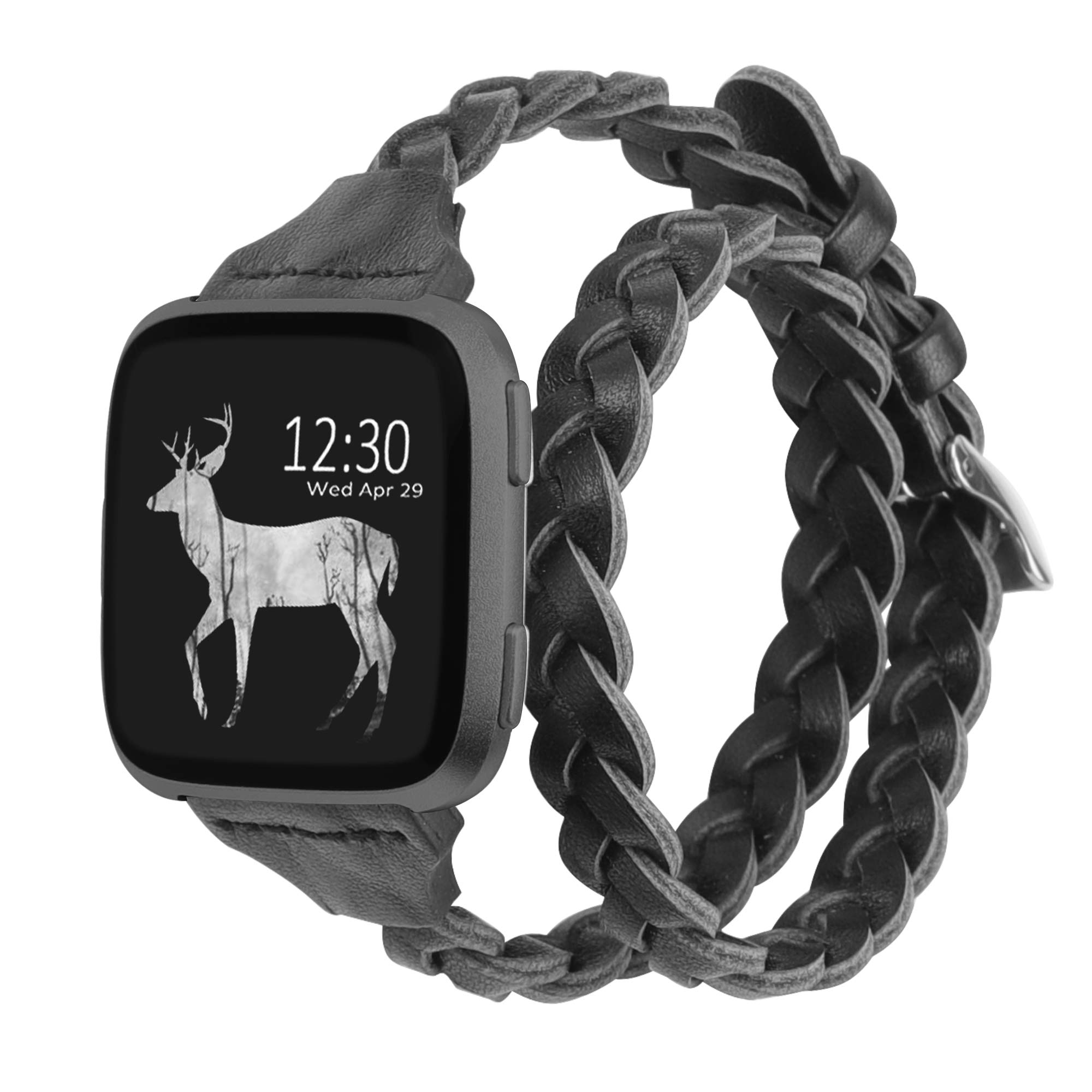 Wearlizer Braided Straps Compatible with Fitbit Versa 2/Versa/Versa Lite Edition, Slim Leather Double Wrap Around Bands Strap Replacement Wristband Bracelet Strap for Fitbit Versa (Black)