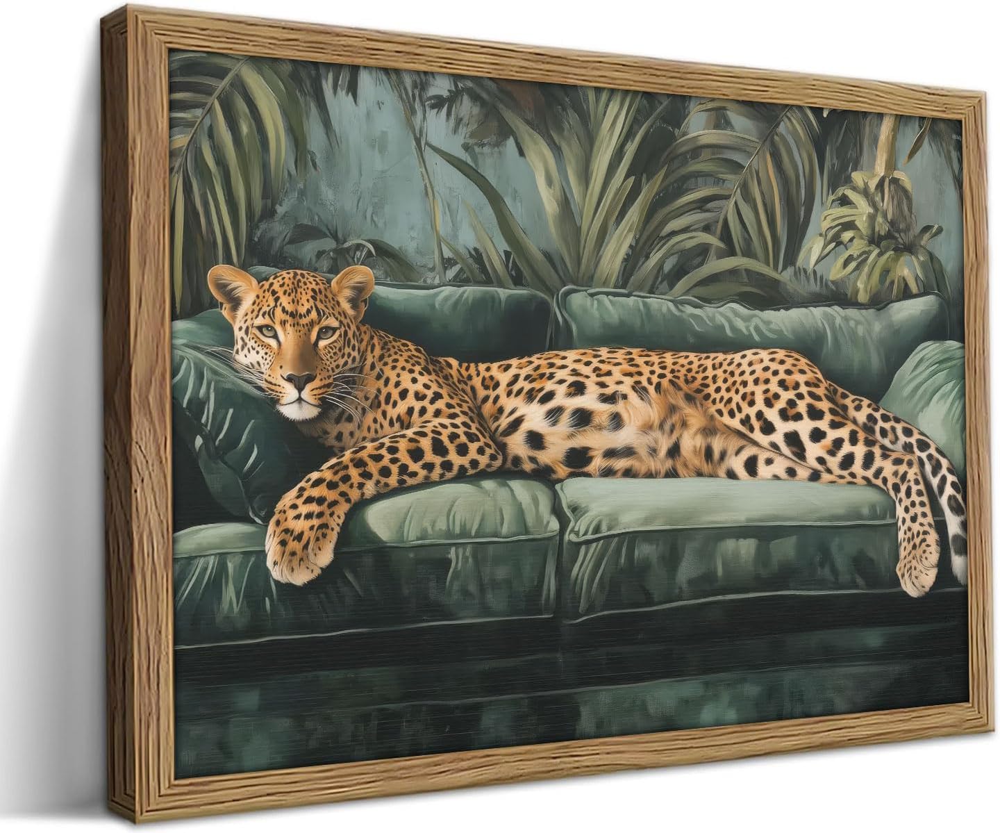 Framed Trendy Cheetah Wall Art Funky Leopard On Emerald Green Sofa Picture Wall Decor Eclectic Wildlife Poster Print for Living room Bedroom Home Decoration 12x16in