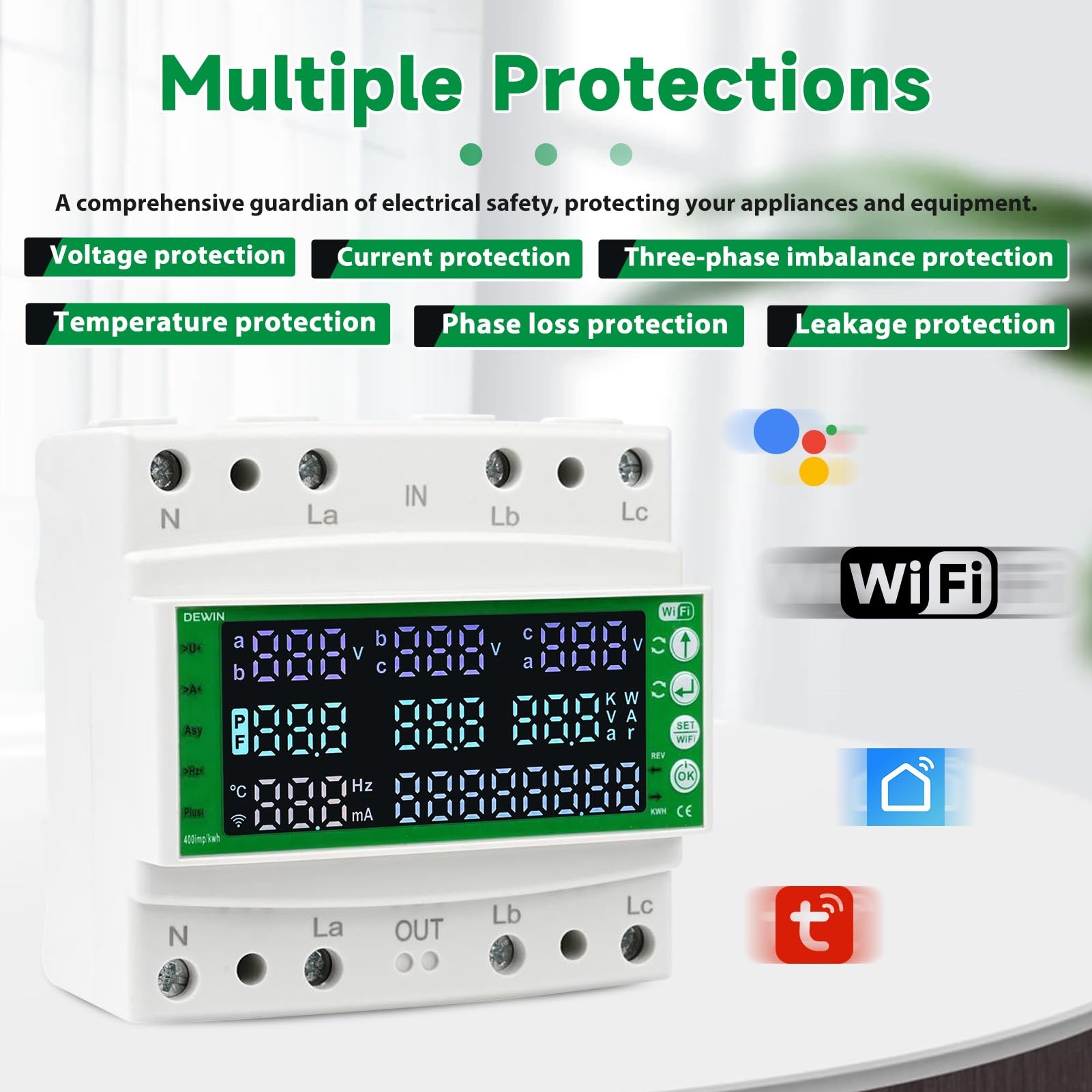 DEWIN Contatore elettrico 3 fasi, contatore di corrente trifase 3 fasi WiFi Smart Protector con funzioni di protezione da sovratensione, sottotensione, sovracorrente e corrente residua AC 60-300V