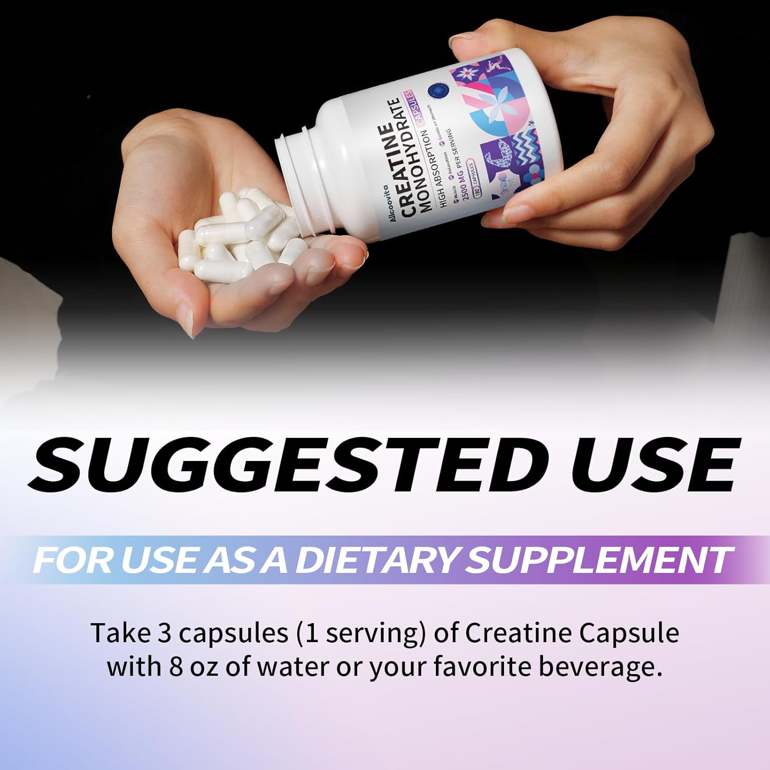 Allcoovita Creatine Monohydrate Capsules -3 Creatine Capsules per Serving, 2500mg, Gluten Free, 180 Capsules