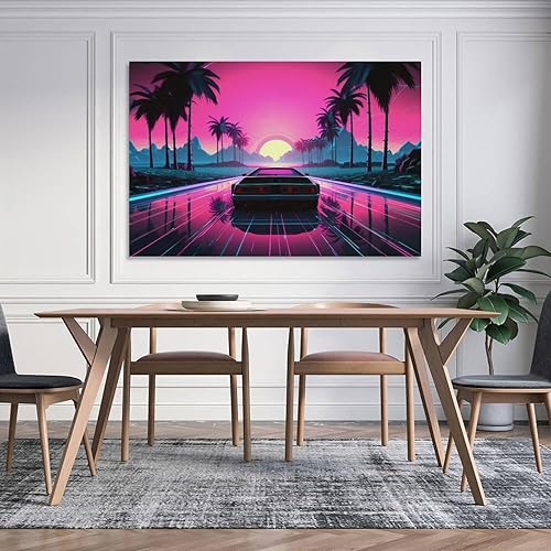 Miniatura 5 de Vaporwave - Póster e impresiones futurista de automóvil con diseño de palmera retrowave de los años 80, arte de pared para el automóvil, decoración