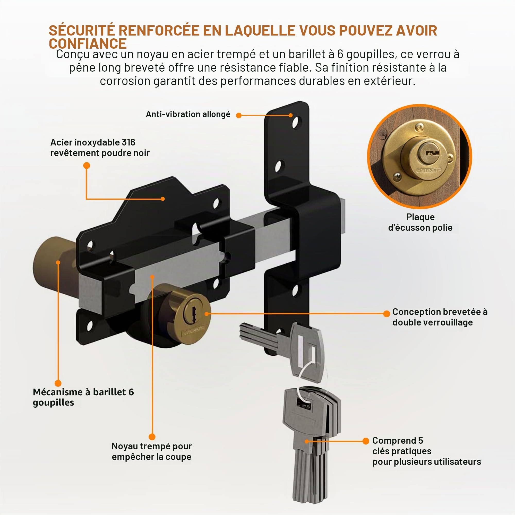 Gatemate Double verrouillage de porte avec long verrou pour portes et portails de 70 mm d'épaisseur en acier inoxydable 5 clés