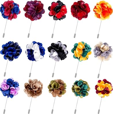 Pangda 15 Pieces Flower Mens Lapel Pin for Men Suits Colorful Handmade Satin Boutonniere Pin with Gift Box for Wedding Groom Bestman Party Decor