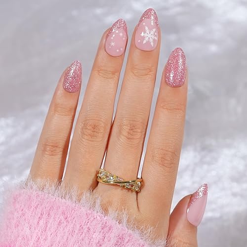 Christmas Press On Nails Almond - Jofay Fashion Pink Snowflake