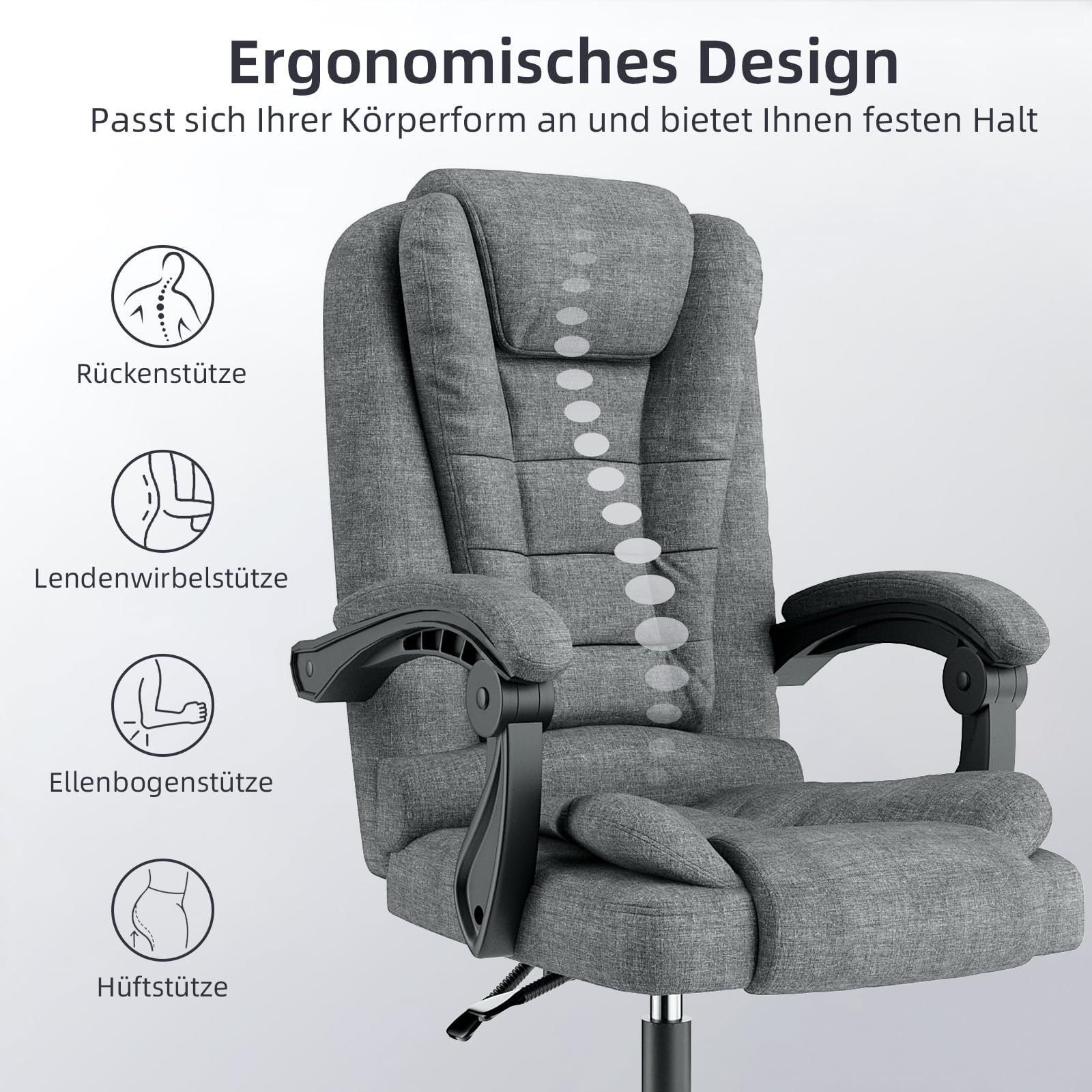 naspaluro Chefsessel Bürostuhl, Schreibtischstuhl, Ergonomisch, Computerstuhl mit Hoher Rückenlehne, Gepolsterter Armlehnen und Höhenverstellbar, Neigefunktion, Drehstuhl, Liegestuhl, Dunkelgrau