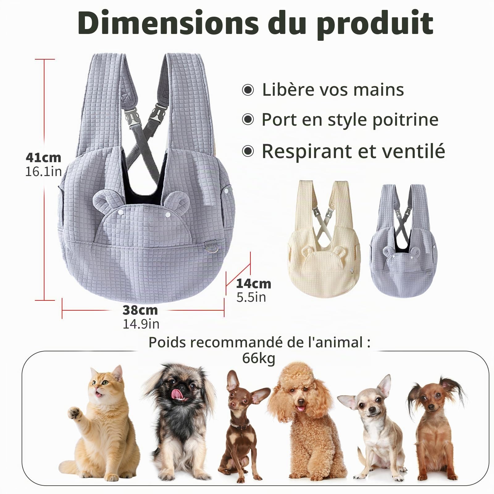 PETCUTE Sac de Transport pour Chiens, Mains Libres Sac de Transport à l'avant pour Animal Domestique,Plaque Inférieure Amovible,Lavable Sac Bandoulière pour Chien avec Ceinture de Sécurité