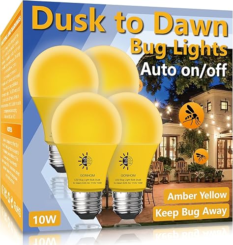 Gonhom Bombilla de insectos del anochecer al amanecer para exteriores, paquete de 4 bombillas ámbar para insectos, encendido y apagado automático,