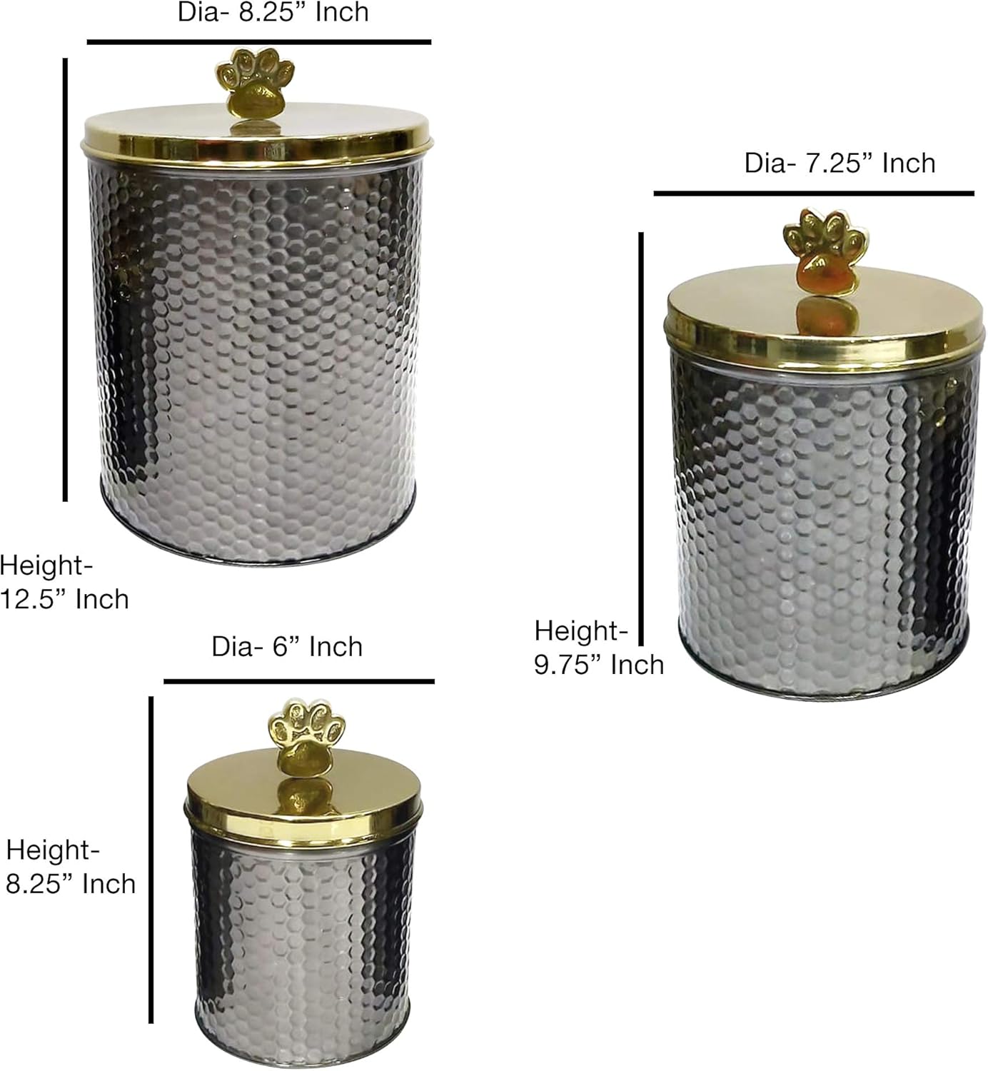 nu steel metal black nickel Embossed 3 Pc set Jumbo Pet Canister with Golden Paw Handle, Dog Food Treat Storage Container Jar with golden Lid, Tight Fitting Lids for Dog Biscuit Cookies