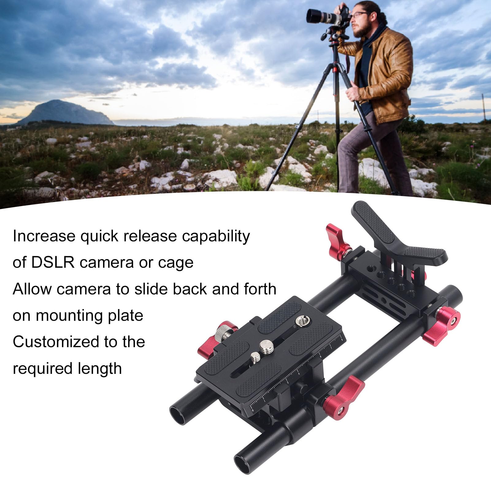DSLR Camera Rail Riser Rig System, Kit Base a Sgancio Rapido Morsetto di Montaggio Asta a Doppia Guida Universale in Alluminio da 15 Mm con Viti Filettate da 1/4 e 3/8, per